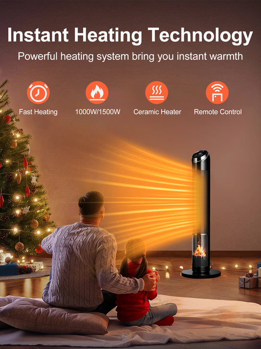 MEPTY Portable Electric Space Heater for Large Room 38" Ceramic Tower Space Heater with 3D Flame for Room Heating
