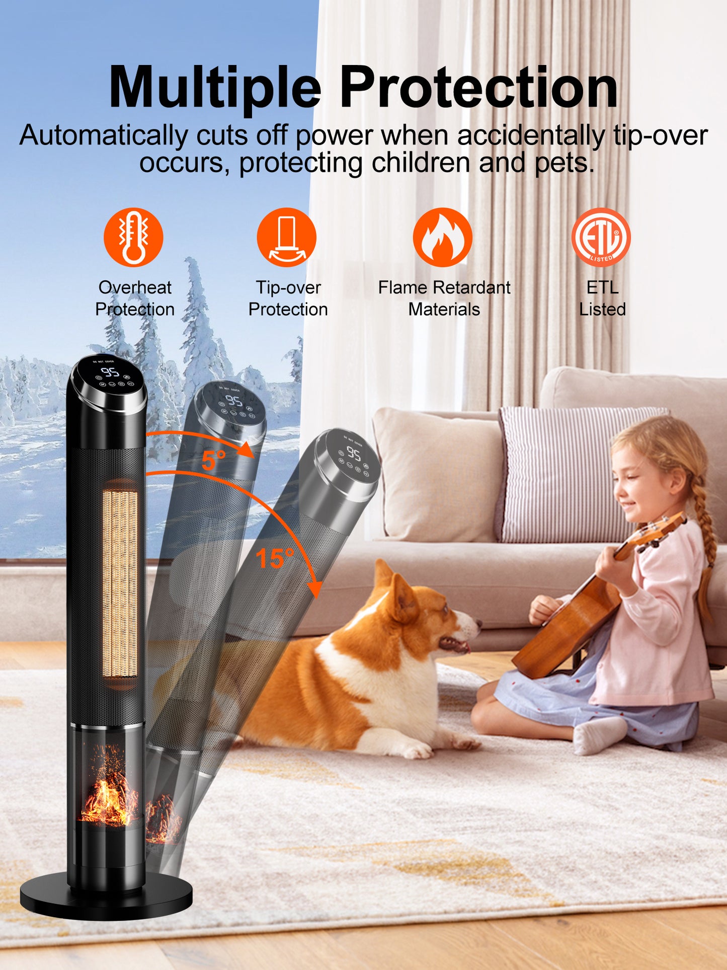 MEPTY Portable Electric Space Heater for Large Room 38" Ceramic Tower Space Heater with 3D Flame for Room Heating
