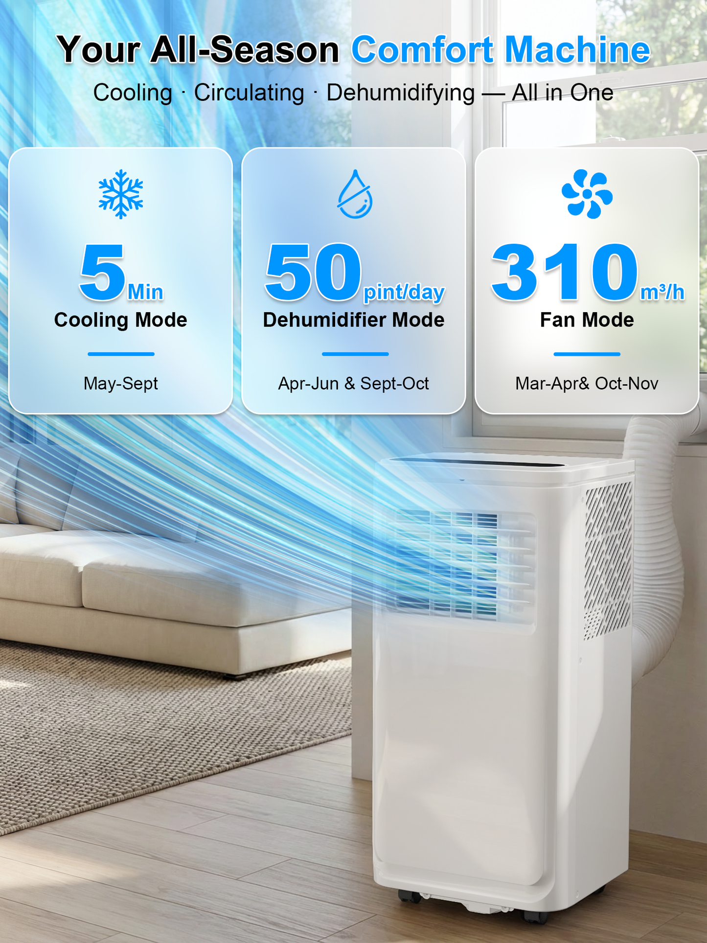 MEPTY Portable Air Conditioners, 10000 BTU Portable AC Unit with Remote, Dehumidifier, Sleep Mode, 24H Timer, Cools Room up to 450 sq.ft