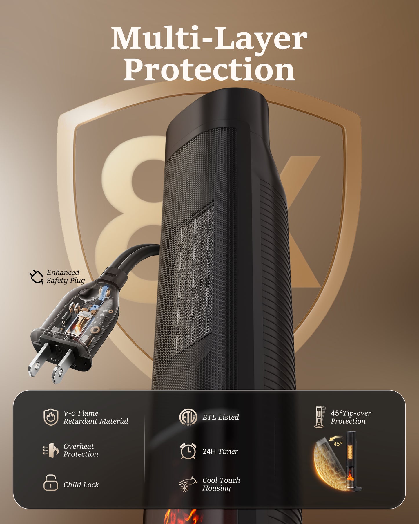 MEPTY 1500W Space Heater Large Room, Electric Heaters for Indoor Use with Thermostat and Remote, Overheat&Tip-over Protection, 80° Oscillation,24H Timer,3D Flame