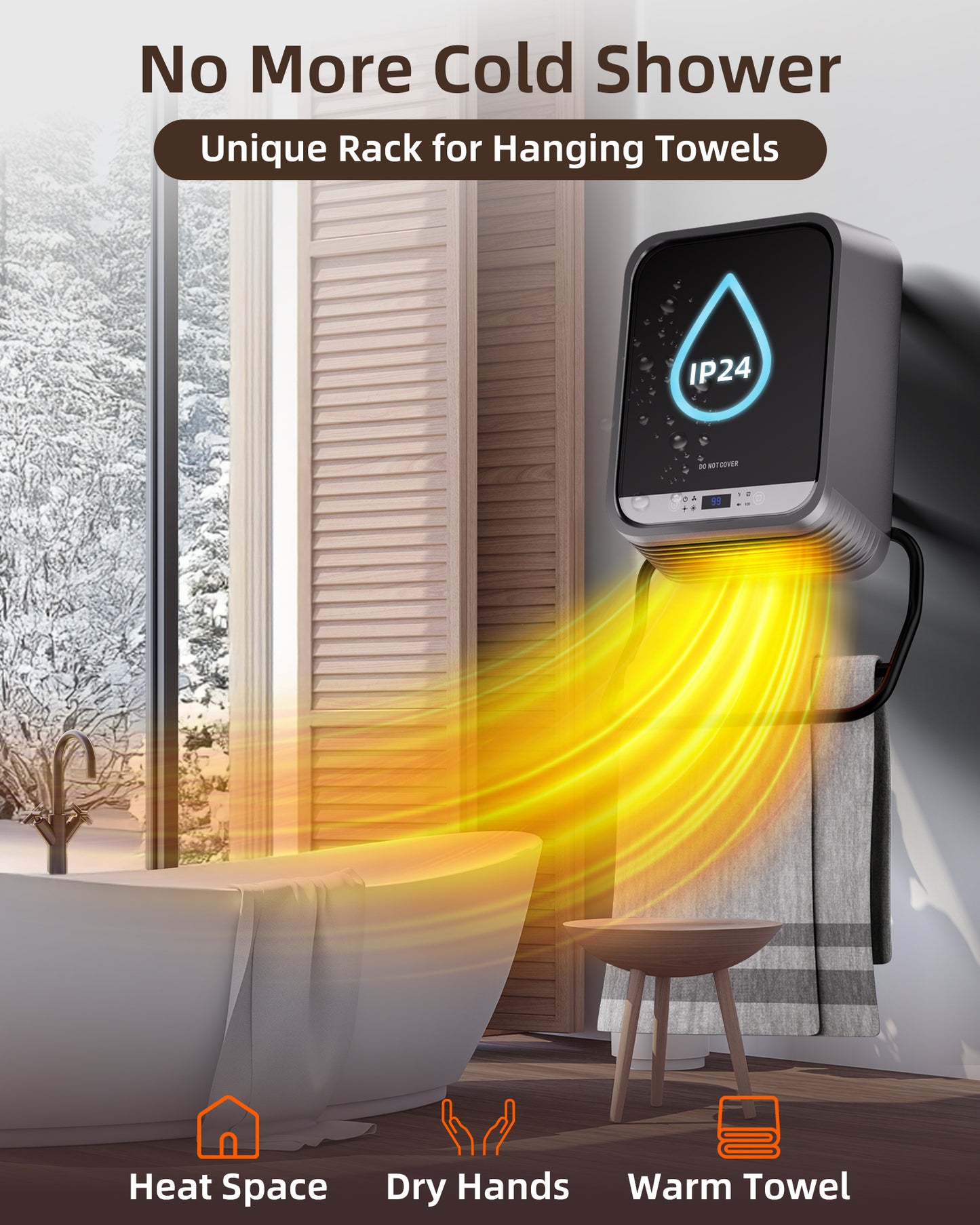 MEPTY 1500W Wall Mounted Space Heater with Towel Rack, IP24 Wall Heater, UL Certified, Thermostat & Remote Control, 24H Timer, ECO Mode, heaters for Indoor Use in Bathroom, Garag