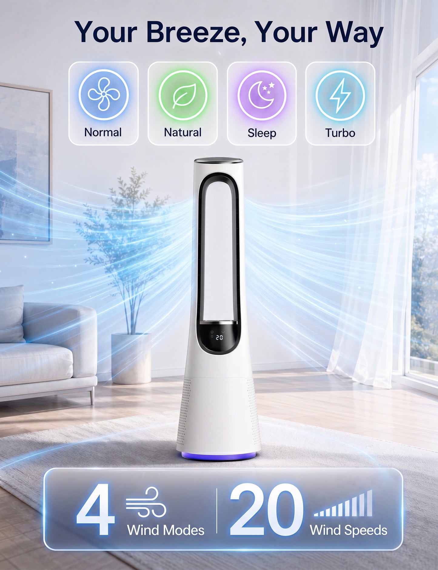 MEPTY 38" Bladeless Tower Fan for Bedroom,Bladeless Fan with 5-Color LED,120°Adjustable Oscillating,20 Speeds & 4 Modes,Quiet DC Motor,Cooling Fan for Home Office Use