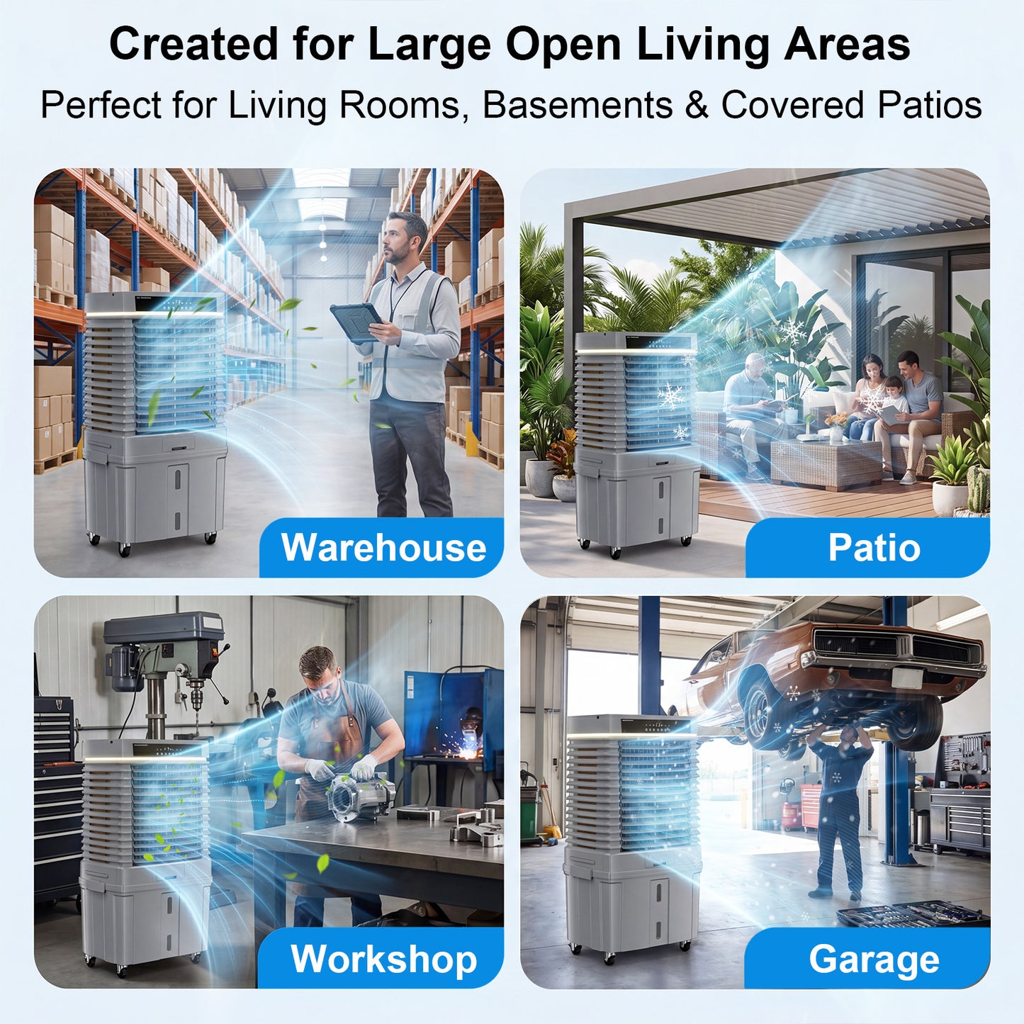 MEPTY 4000CFM Swamp Cooler,Evaporative Air Cooler with 13.5 Gal Detachable Water Tank,3 Speeds & LED Ambient Light,Windowless Portable Air Conditioner,Cooling Fan for Garage Yard Outdoor Patio