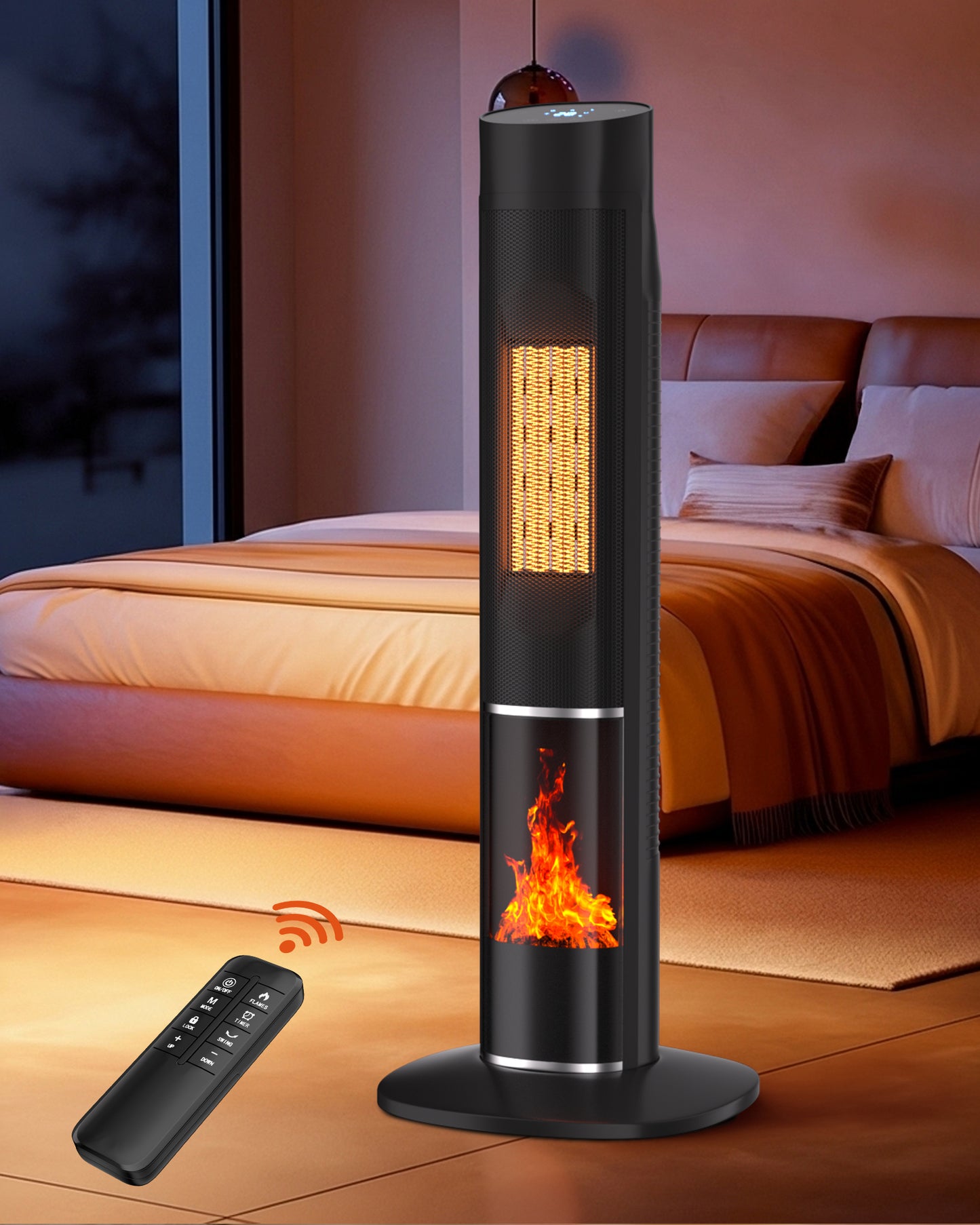 MEPTY 1500W Space Heater Large Room, Electric Heaters for Indoor Use with Thermostat and Remote, Overheat&Tip-over Protection, 80° Oscillation,24H Timer,3D Flame