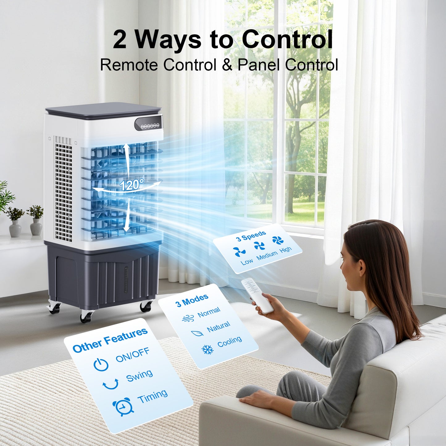 MEPTY 2500CFM Swamp Cooler, Evaporative Air Cooler with 8 Gallon Water Tank, 4 Ice Packs, 3 Speeds&Modes, 12H Timer, 120°Oscillation, Remote, Portable Air Conditioner Fan for Indoor Outdoor Use