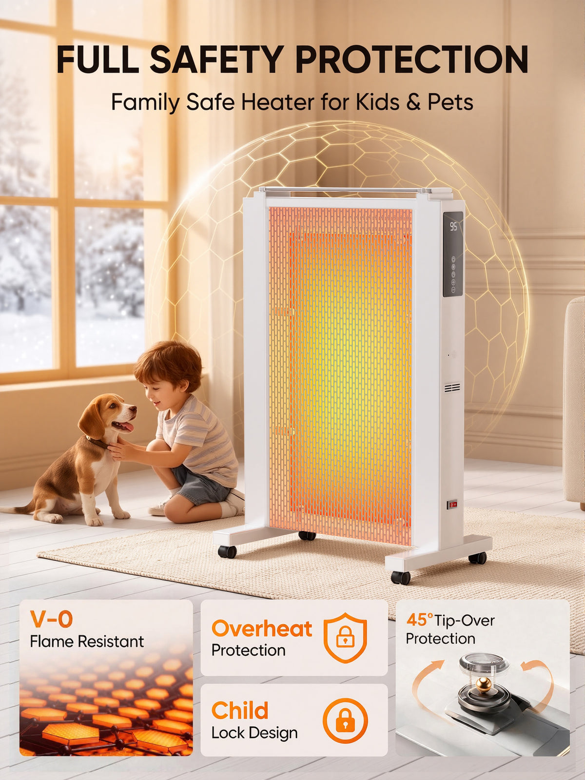 MEPTY Space Heater Large Room,Electric Mica Infrared Heaters for Indoor Use,Digital Thermostat,Energy Saving,Overheat & Tip-Over Protection,360°Whole Room Heater for Indoor Use,Bedroom,Office,Garage