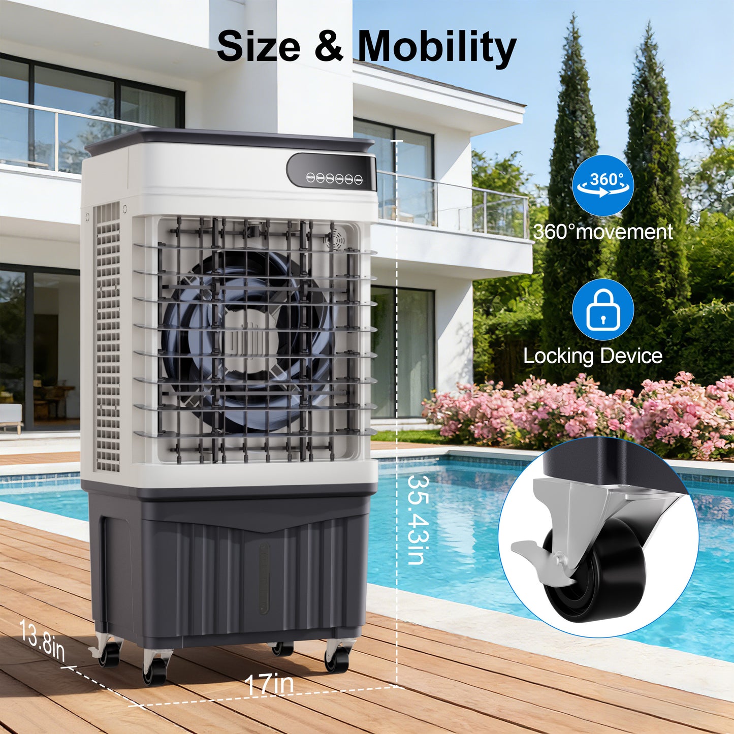MEPTY 2500CFM Swamp Cooler, Evaporative Air Cooler with 8 Gallon Water Tank, 4 Ice Packs, 3 Speeds&Modes, 12H Timer, 120°Oscillation, Remote, Portable Air Conditioner Fan for Indoor Outdoor Use