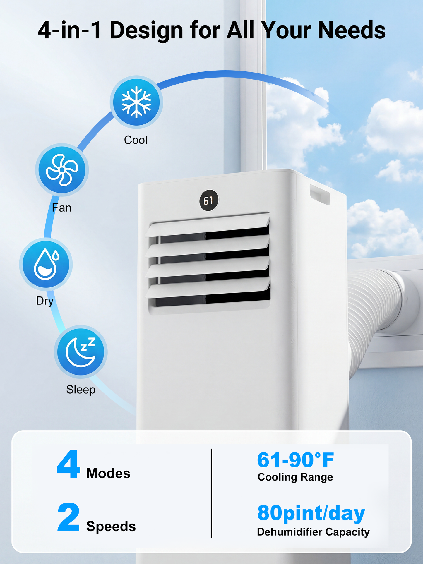 MEPTY 10000BTU Portable Air Conditioners, Portable AC Unit with Dehumidifier, Sleep Mode, 24H Timer, Cools Room up to 450 sq.ft, Room Air Conditioners with Self-evaporation System for Bedroom