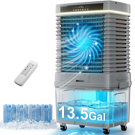 MEPTY 4000CFM Swamp Cooler,Evaporative Air Cooler with 13.5 Gal Detachable Water Tank,3 Speeds & LED Ambient Light,Windowless Portable Air Conditioner,Cooling Fan for Garage Yard Outdoor Patio