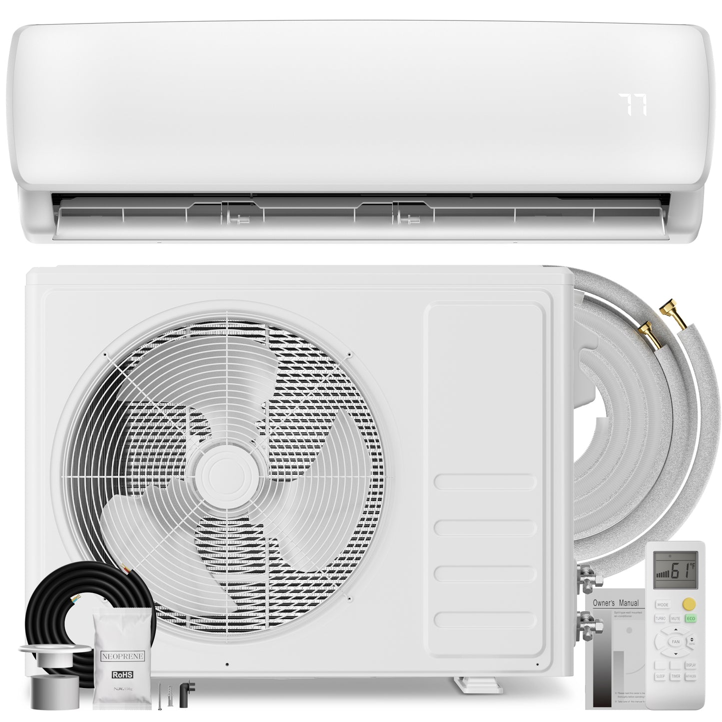 MEPTY 18000BTU Mini Split AC/Heating System, 19 SEER2 Energy Efficient Mini Split Air Conditioner, Ductless Inverter AC Unit with Pre-Charged Condenser, Cools Up to 1250sq.ft,230V