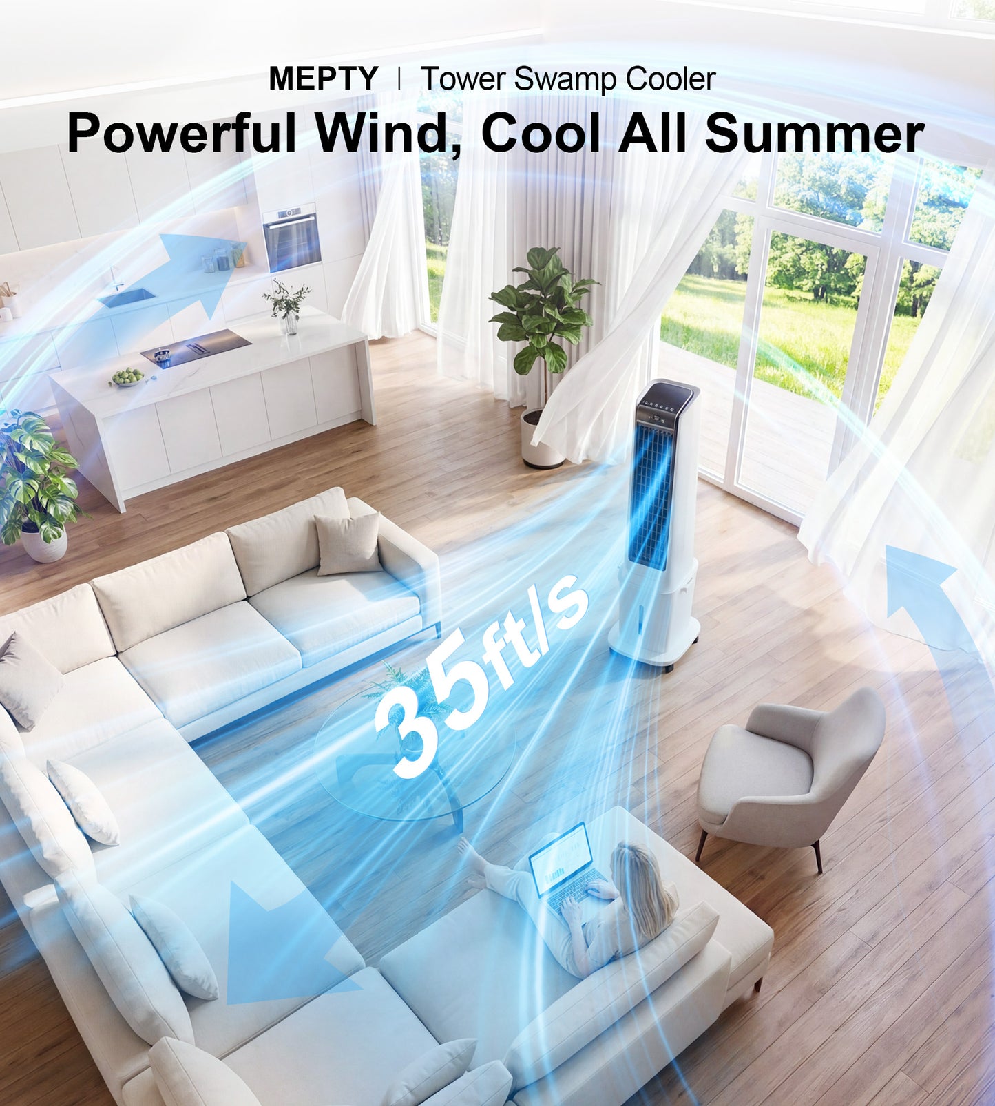 EPTY 46"Cooling Fans that Blow Cold air,3-IN-1 Windowless Portable Air Conditioners,Swamp Cooler,12H Timer,4 Modes & 3 Speeds,Evaporative Air Cooler with Removable 5Gal Water Tank for Bedroom Indoor