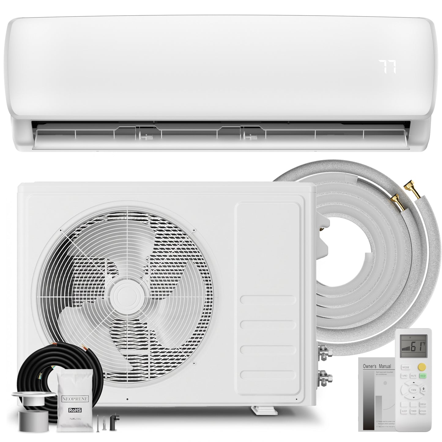 MEPTY 9000BTU Mini Split AC/Heating System, 19 SEER2 Energy Efficient Mini Split Air Conditioner, Ductless Inverter AC Unit with Pre-Charged Condenser, Cools Up to 450sq.ft