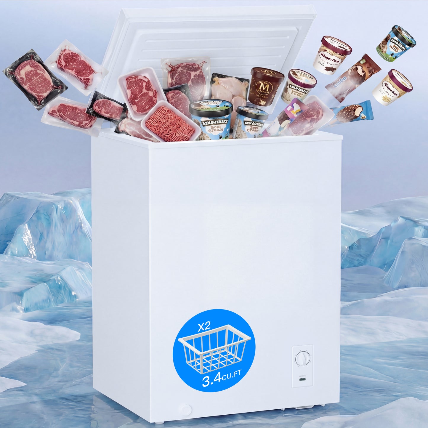 MEPTY 3.4 Cu.Ft Chest Freezer,Top Open Door Small Deep Freezer with 2 Removable Baskets,7 Adjustable Thermostat,Built-in LED Light