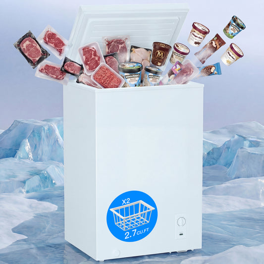 MEPTY 2.7 Cu.Ft Chest Freezer,Top Open Door Deep Freezer with 2 Removable Baskets,7 Adjustable Thermostat,Built-in LED Light