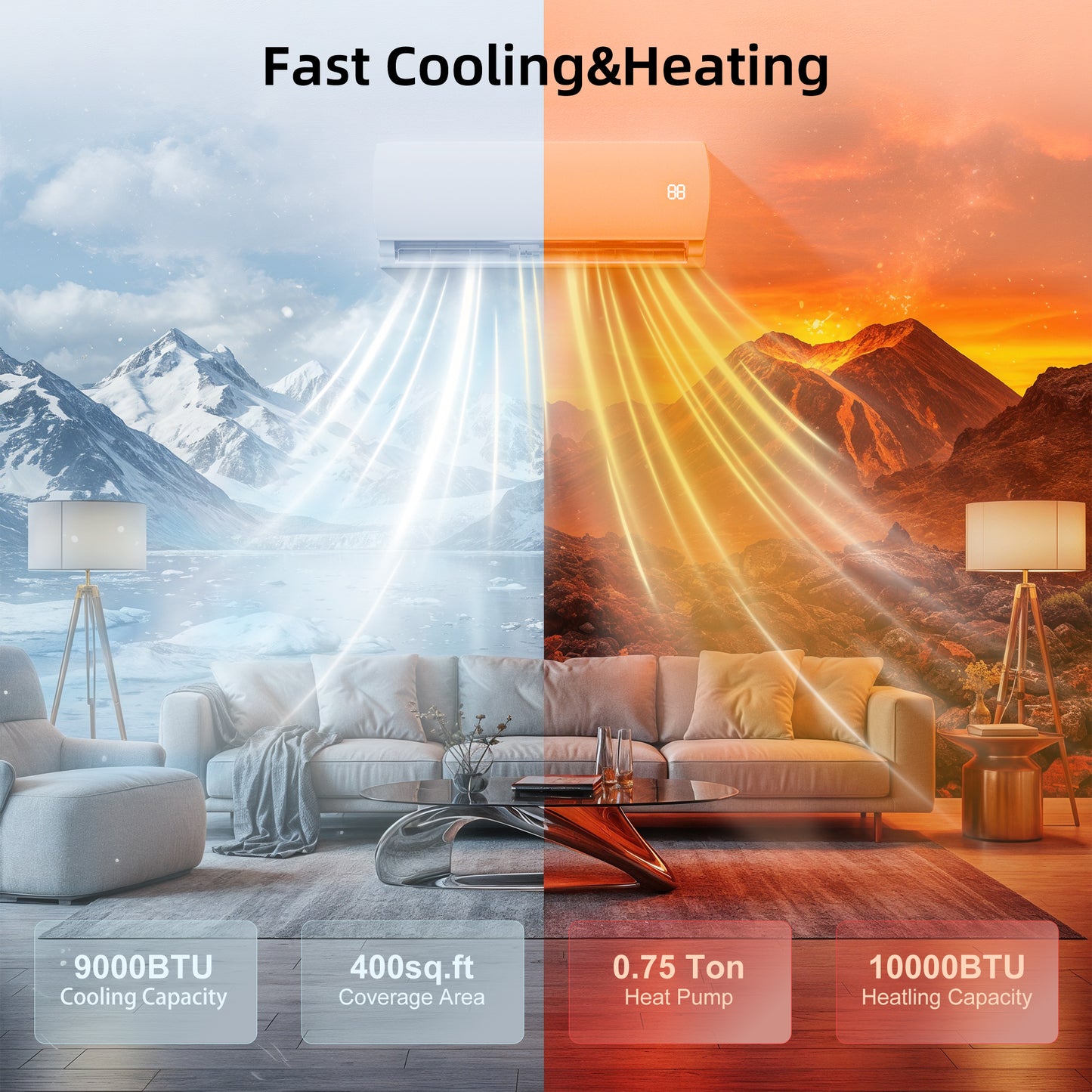MEPTY 9000BTU Mini Split AC/Heating System, 19 SEER2 Energy Efficient Mini Split Air Conditioner, Ductless Inverter AC Unit with Pre-Charged Condenser, Cools Up to 450sq.ft