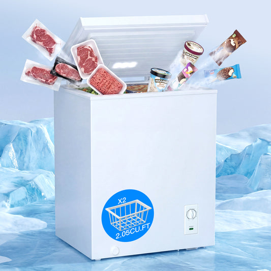 MEPTY 2.05 Cu.Ft Chest Freezer,Top Open Door Small Deep Freezer with 2 Removable Baskets,7 Adjustable Thermostat,Built-in LED Light