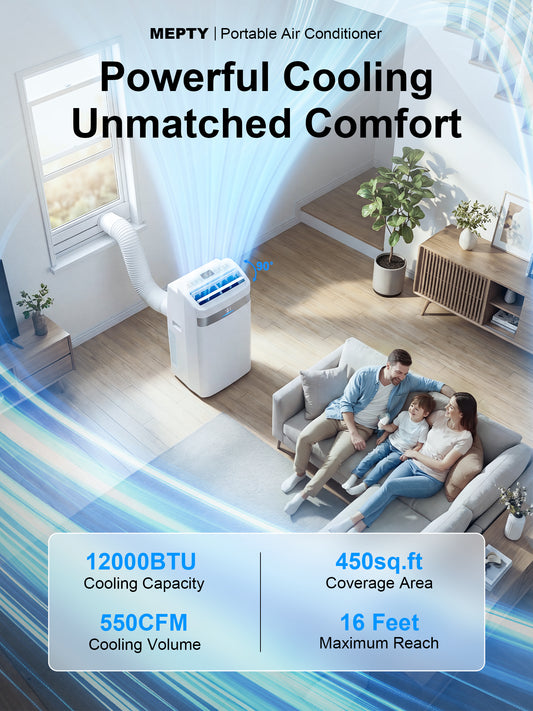 MEPTY 12000BTU Portable Air Conditioners, Portable AC Unit with Dehumidifier, Sleep Mode, 24H Timer, Cools Room up to 550 sq.ft, Room Air Conditioners with Auto-evaporation System for Bedroom