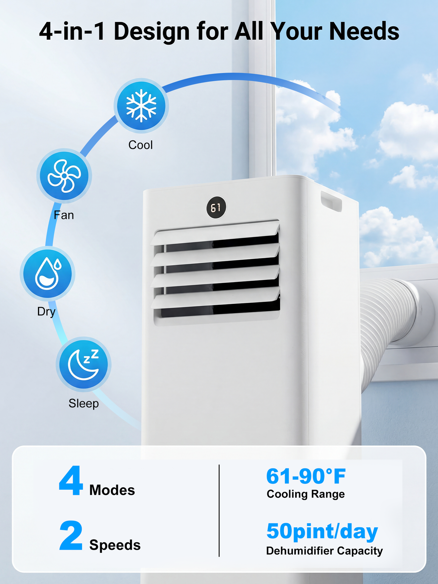 MEPTY 10000BTU Portable Air Conditioners, Portable AC Unit with Dehumidifier, Sleep Mode, 24H Timer, Cools Room up to 450 sq.ft, Room Air Conditioners with Self-evaporation System for Bedroom