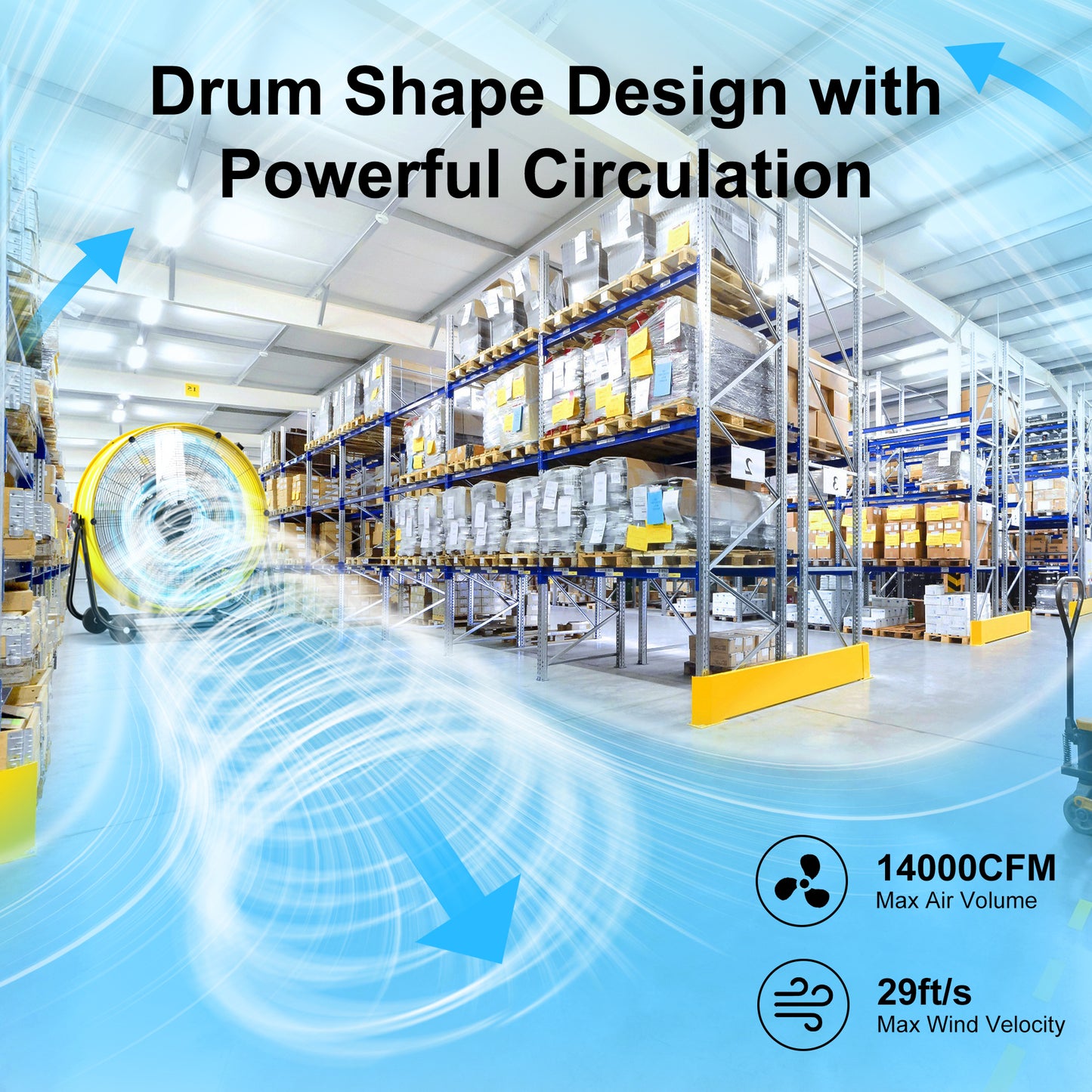 MEPTY 30-Inch Industrial Drum Fan, 14000 CFM High Velocity Floor Fan 550W, 3-Speed Heavy Duty Metal Air Circulator for Shop, Warehouse, Workshop, Garage, Factory