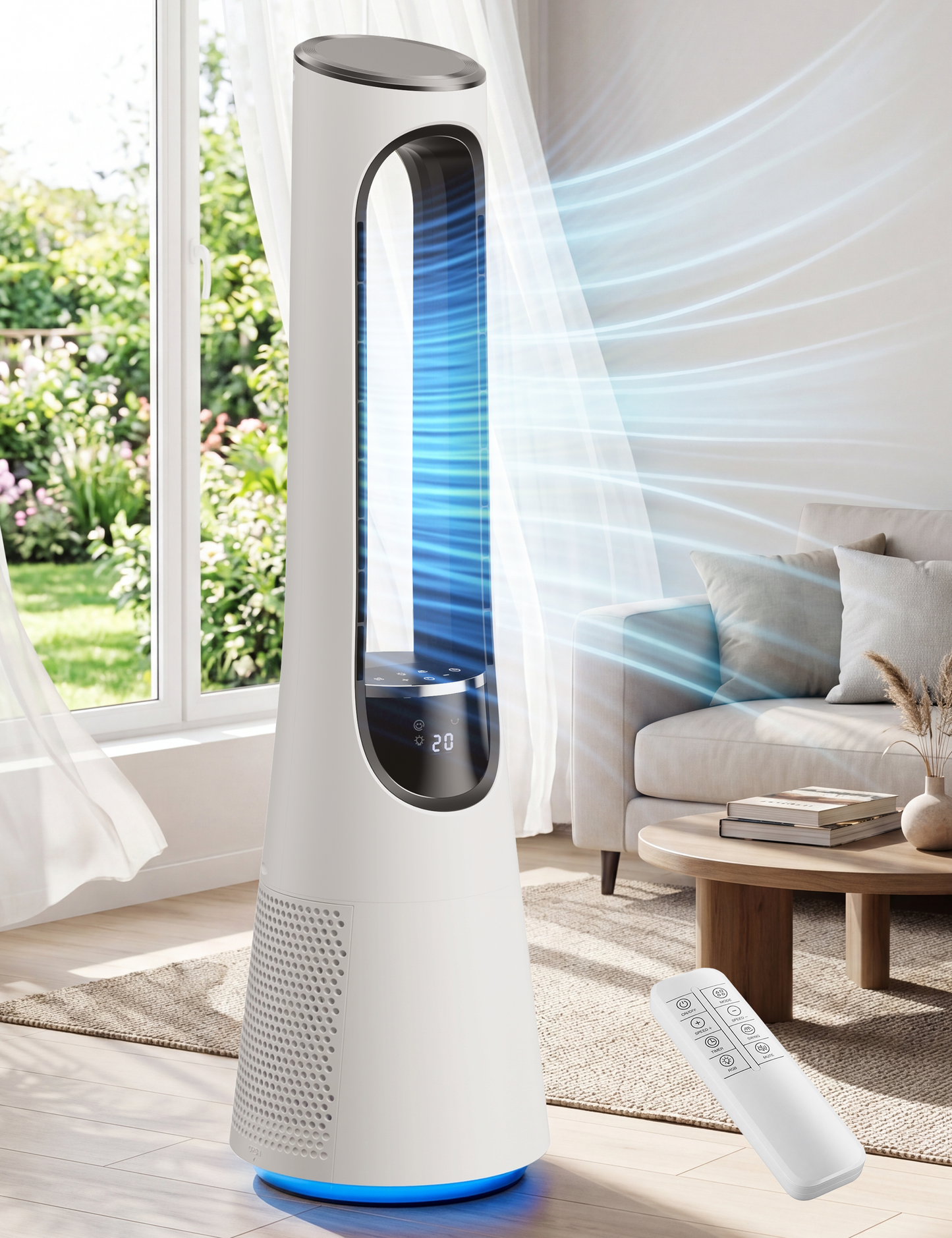 MEPTY 38" Bladeless Tower Fan for Bedroom,Bladeless Fan with 5-Color LED,120°Adjustable Oscillating,20 Speeds & 4 Modes,Quiet DC Motor,Cooling Fan for Home Office Use