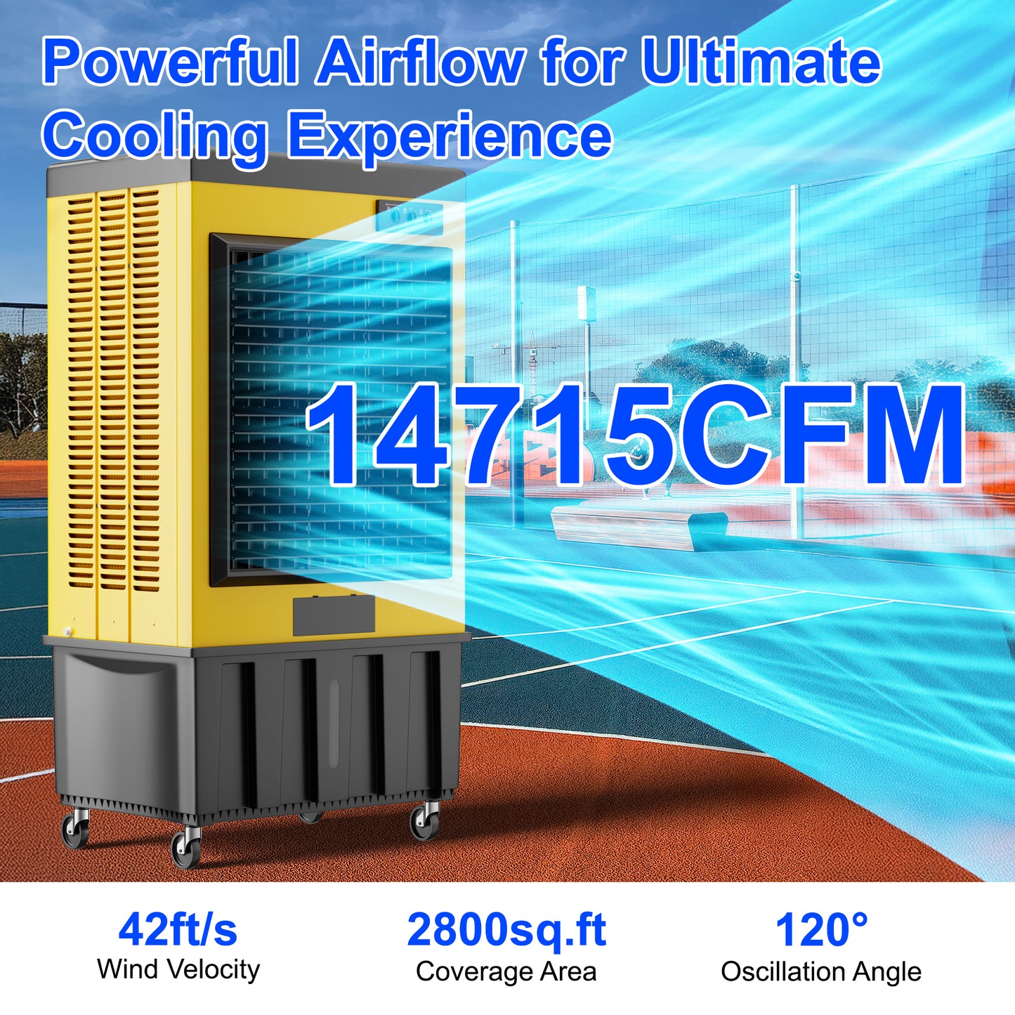 MEPTY 14715CFM Portable Swamp Cooler, Evaporative Air Cooler with 53 Gal Water Tank, Continuous Auto Fill, 3 Speeds, 120°Oscillation, Industrial Outdoor Swamp Coolers for Patios, Garage