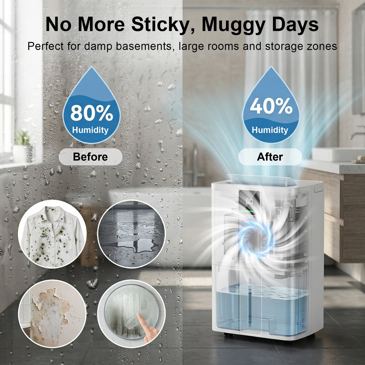MEPTY 6000 Sq.Ft Dehumidifier,Max 110 Pint/Day Large Dehumidifier for Basement & Home with Drain Hose,Smart Humidity Control,24H Timer & Child Lock,3-Color Humidity Display Ideal for Bedroom,Bathroom