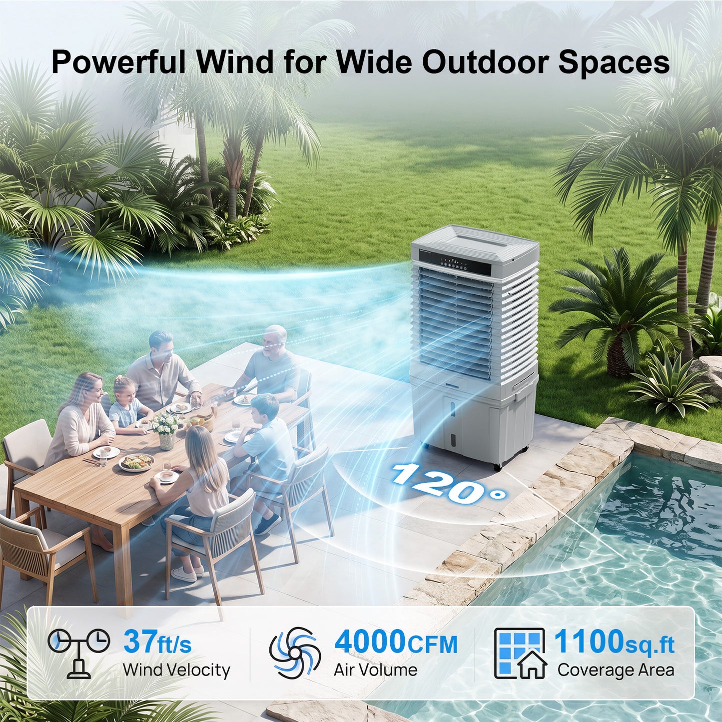 MEPTY 4000CFM Swamp Cooler,Evaporative Air Cooler with 13.5 Gal Detachable Water Tank,3 Speeds & LED Ambient Light,Windowless Portable Air Conditioner,Cooling Fan for Garage Yard Outdoor Patio