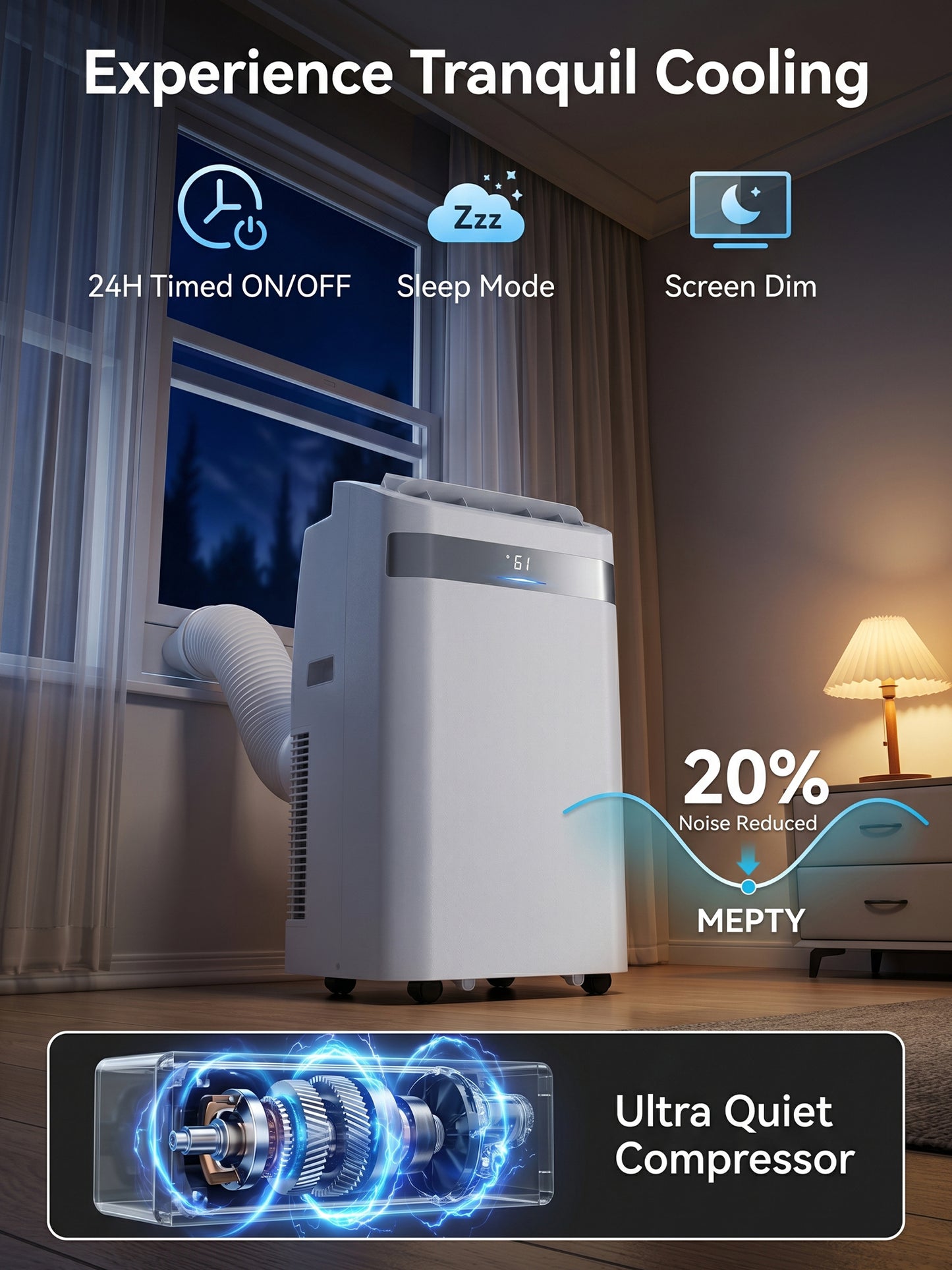 MEPTY 12000BTU Portable Air Conditioners, Portable AC Unit with Dehumidifier, Sleep Mode, 24H Timer, Cools Room up to 550 sq.ft, Room Air Conditioners with Auto-evaporation System for Bedroom