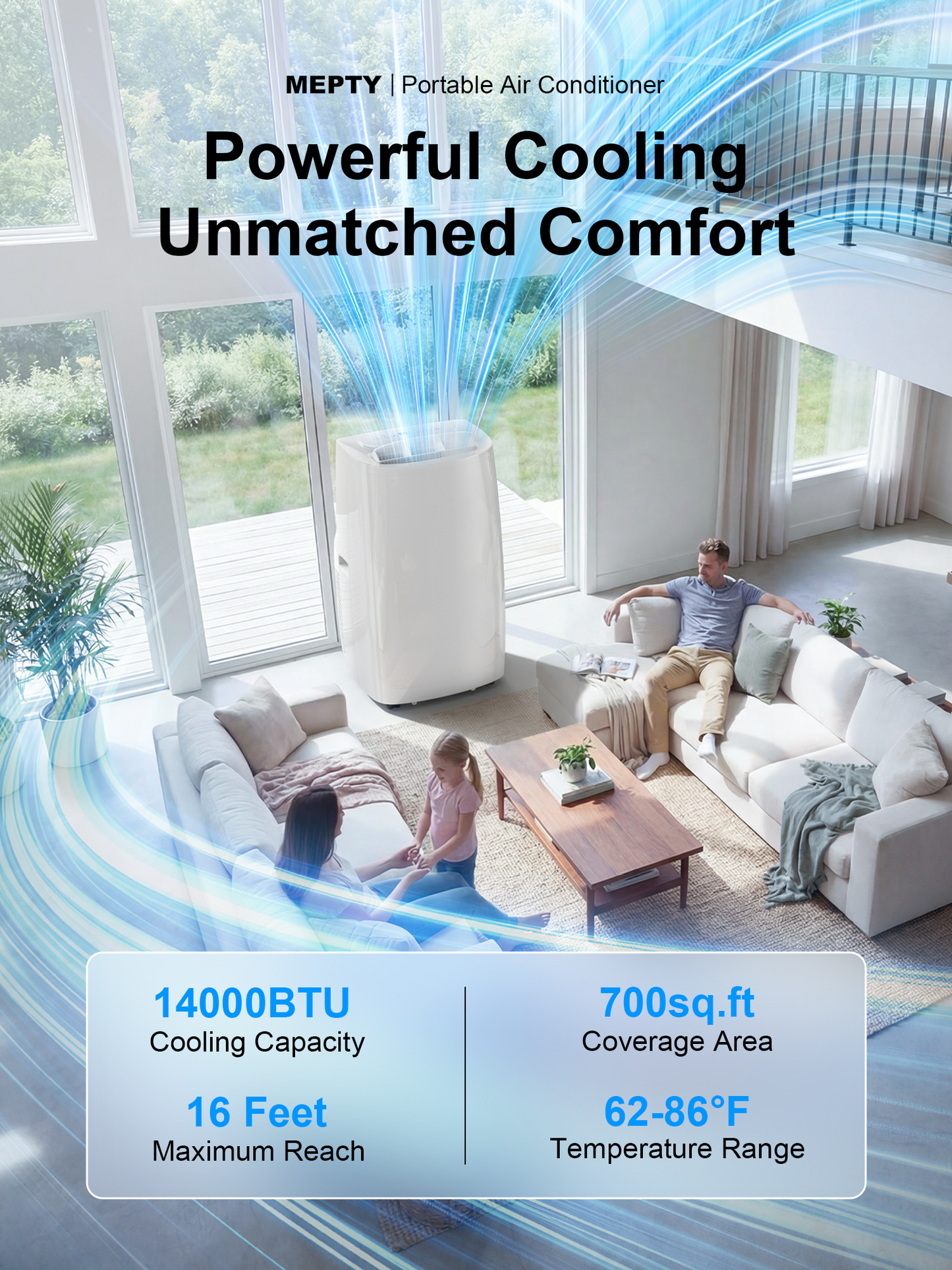 MEPTY Portable Air Conditioners, 14000 BTU Portable AC Unit with Dehumidifier, Sleep Mode, 24H Timer, Cools Room up to 700 sq.ft, Room Air Conditioners with Self-evaporation System for Bedroom