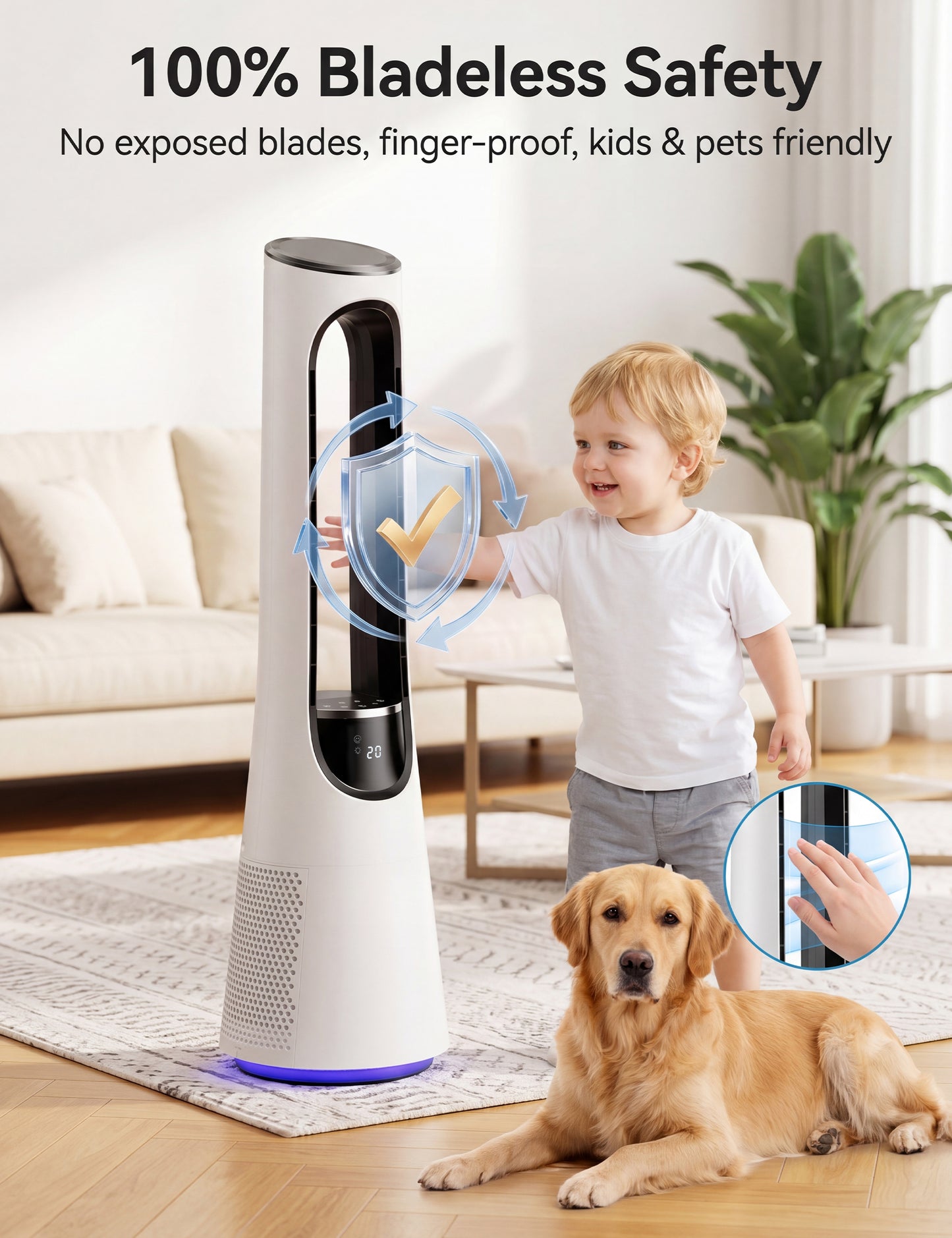 MEPTY 38" Bladeless Tower Fan for Bedroom,Bladeless Fan with 5-Color LED,120°Adjustable Oscillating,20 Speeds & 4 Modes,Quiet DC Motor,Cooling Fan for Home Office Use