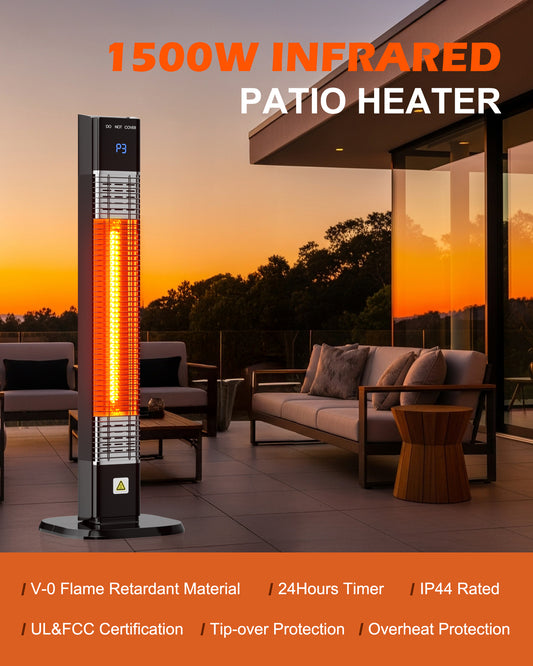 MEPTY Outdoor Indoor Patio Heater, 1500W Electric Infrared Heater with Tip-Over & Overheat Protection, 24H Timer, Remote