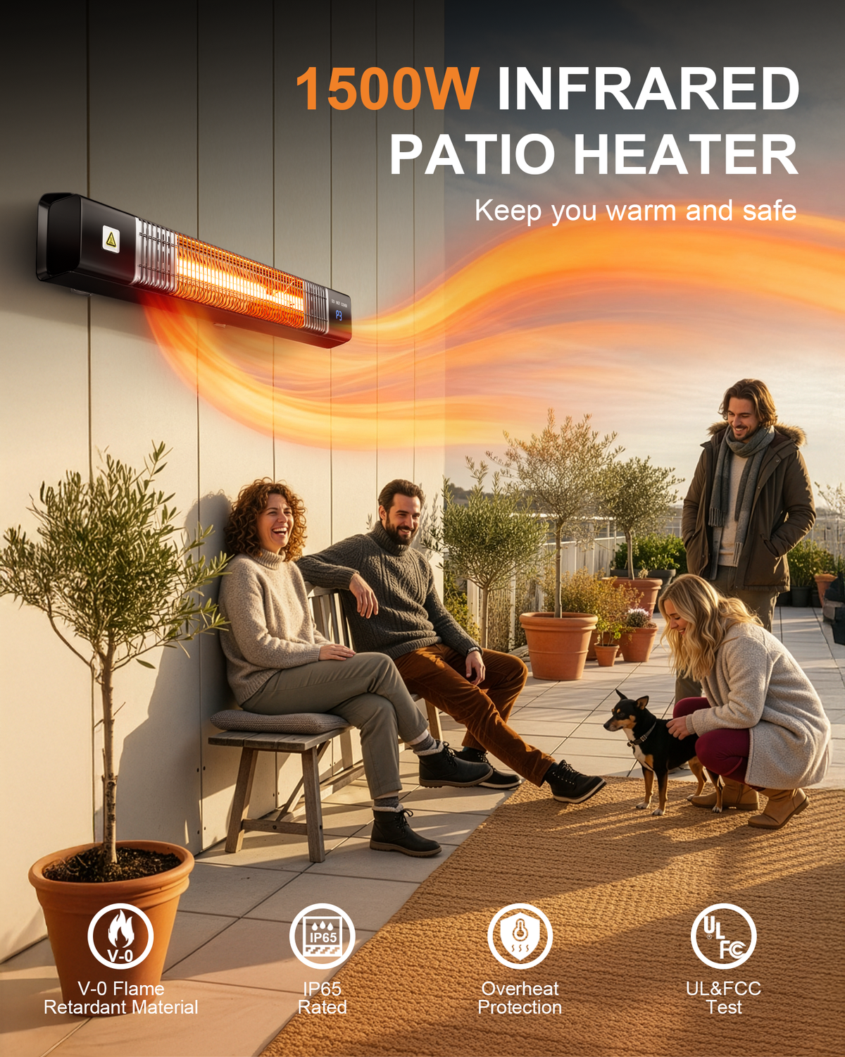 MEPTY 1500W Wall Heaters for Patio Use,Infrared Electric Heater with Overheat Protection, 24H Timer, Outdoor Heater for Backyard, Balcony