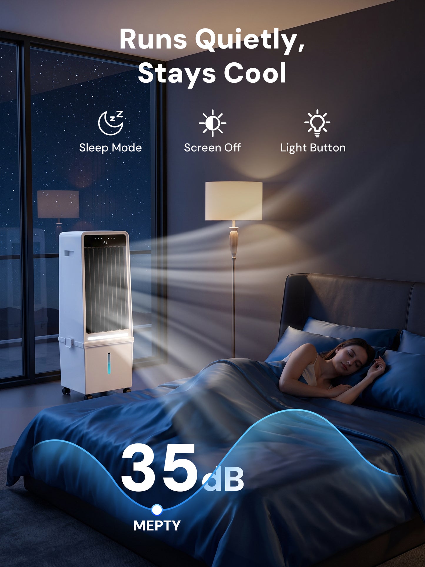 MEPTY 1800CFM Evaporative Air Cooler, Swamp Cooler with 4.2GAL Tank, Ambient Light, 3 Speeds, 4 Modes, 12H Timer, Windowless Portable Air Conditioner for Indoor Room Bedroom