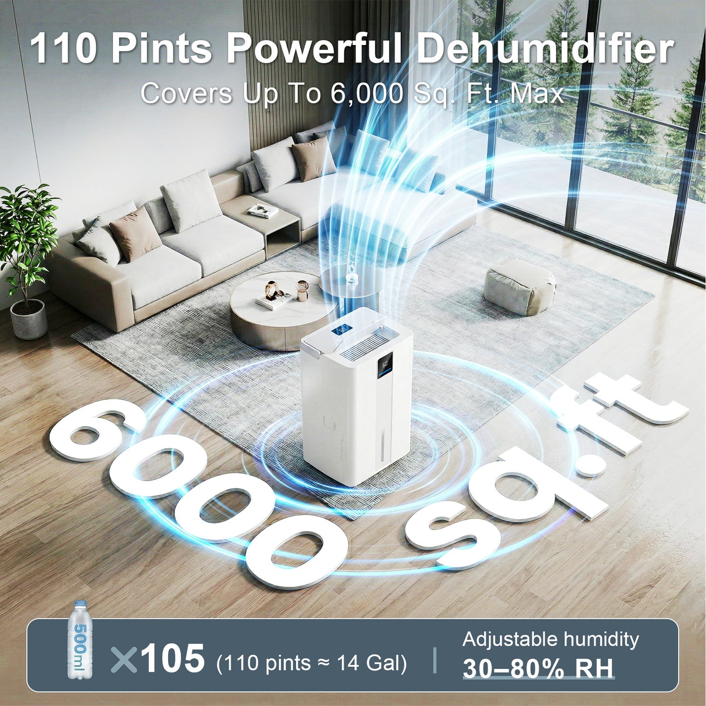 MEPTY 6000 Sq.Ft Dehumidifier,Max 110 Pint/Day Large Dehumidifier for Basement & Home with Drain Hose,Smart Humidity Control,24H Timer & Child Lock,3-Color Humidity Display Ideal for Bedroom,Bathroom