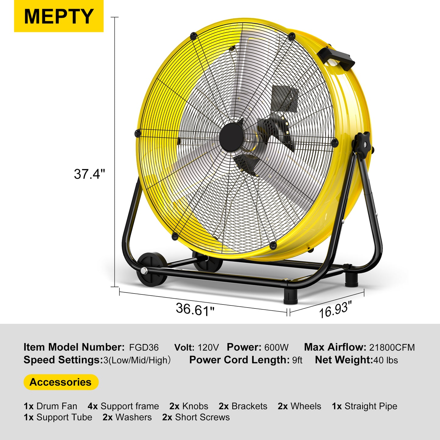 MEPTY 36-Inch Industrial Drum Fan, 21800 CFM High Velocity Floor Fan, 3-Speed Heavy Duty Metal Air Circulator for Shop, Warehouse, Workshop, Garage, Factory, 600W