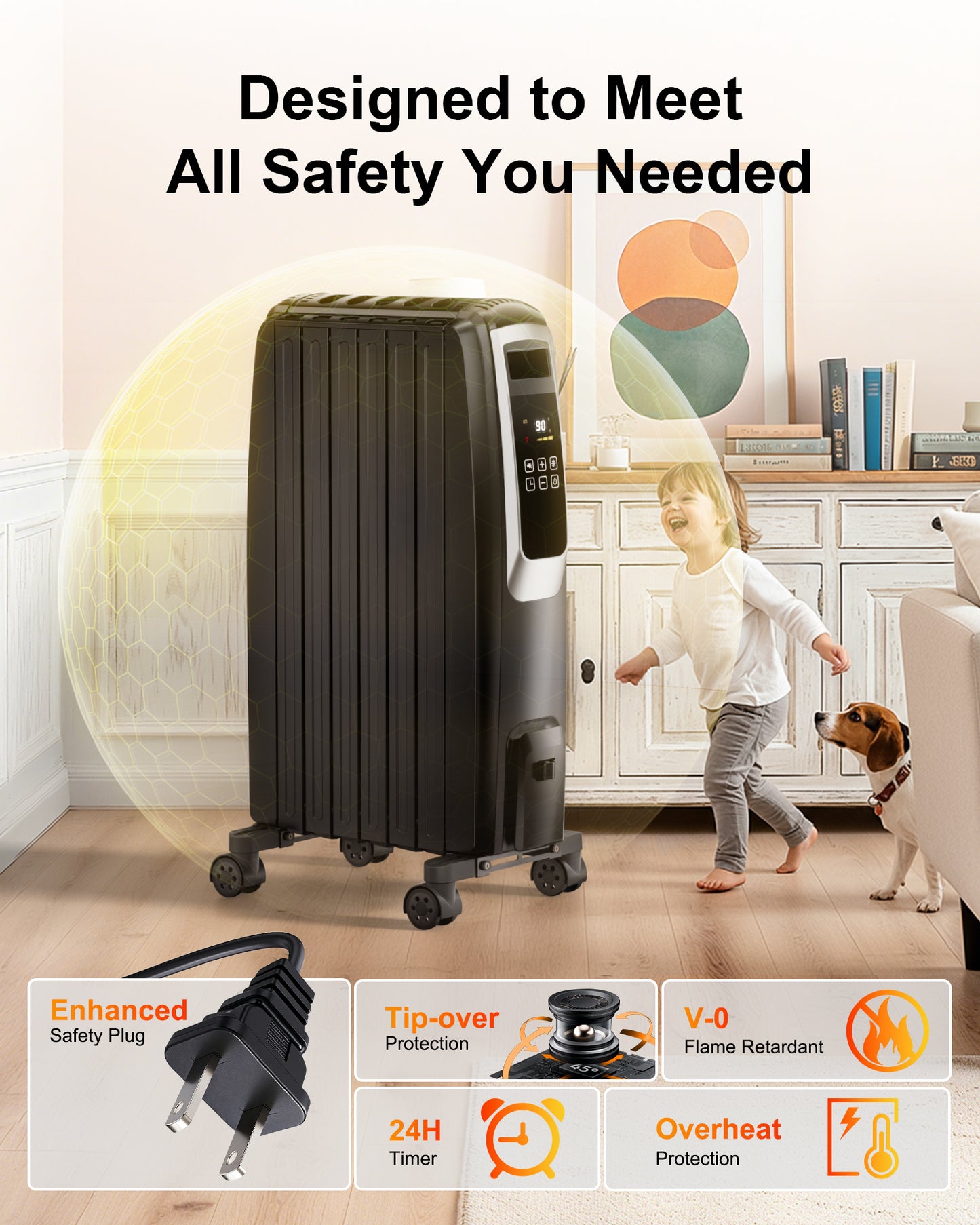 MEPTY Oil Filled Radiator Heater,1500W Electric Space Heaters for Indoor Use Large Room with Overheat&Tip-Over Protection