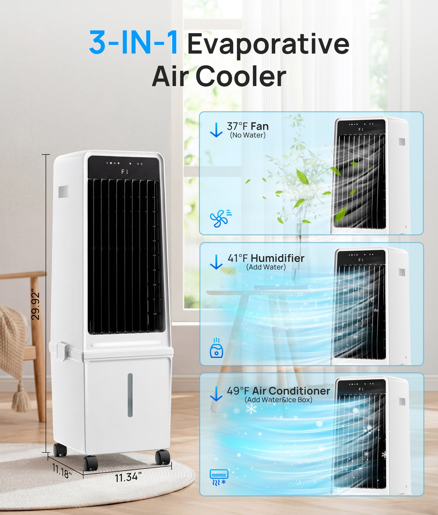 MEPTY Windowless Portable Air Conditioner,Swamp Cooler with 4 Gal Detachable Tank,3-In-1 Evaporative Air Cooler,AC Fan,LED Ambient Light,12H Timer,Air Cooler for Bedroom Living Room Office