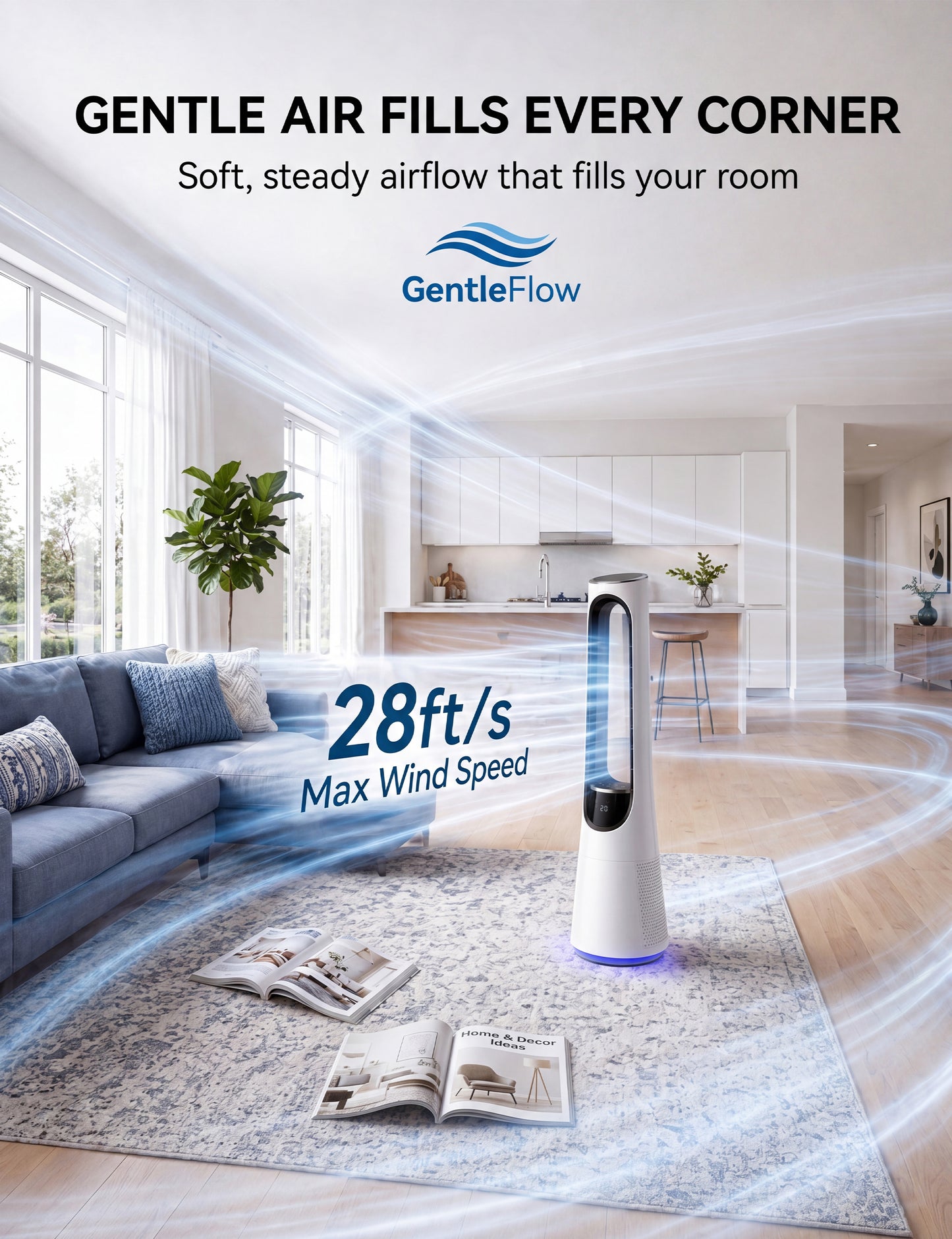 MEPTY 38" Bladeless Tower Fan for Bedroom,Bladeless Fan with 5-Color LED,120°Adjustable Oscillating,20 Speeds & 4 Modes,Quiet DC Motor,Cooling Fan for Home Office Use