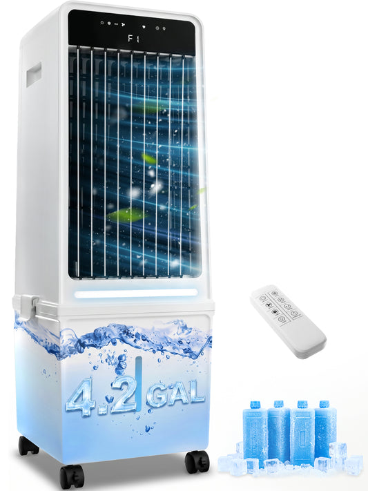 MEPTY 1800CFM Evaporative Air Cooler, Swamp Cooler with 4.2GAL Tank, Ambient Light, 3 Speeds, 4 Modes, 12H Timer, Windowless Portable Air Conditioner for Indoor Room Bedroom