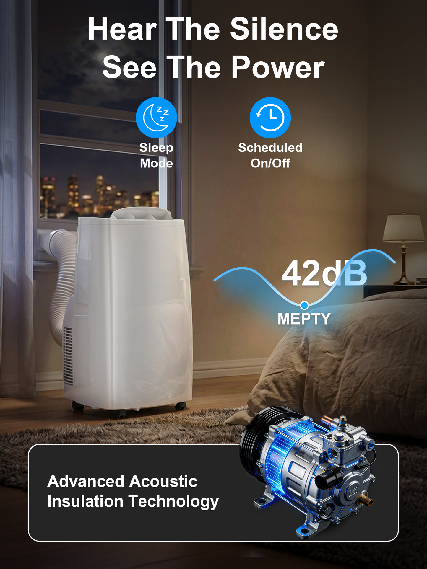 MEPTY Portable Air Conditioners, 14000 BTU Portable AC Unit with Dehumidifier, Sleep Mode, 24H Timer, Cools Room up to 700 sq.ft, Room Air Conditioners with Self-evaporation System for Bedroom