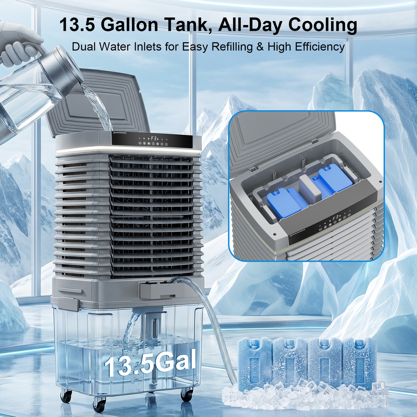 MEPTY 4000CFM Swamp Cooler,Evaporative Air Cooler with 13.5 Gal Detachable Water Tank,3 Speeds & LED Ambient Light,Windowless Portable Air Conditioner,Cooling Fan for Garage Yard Outdoor Patio