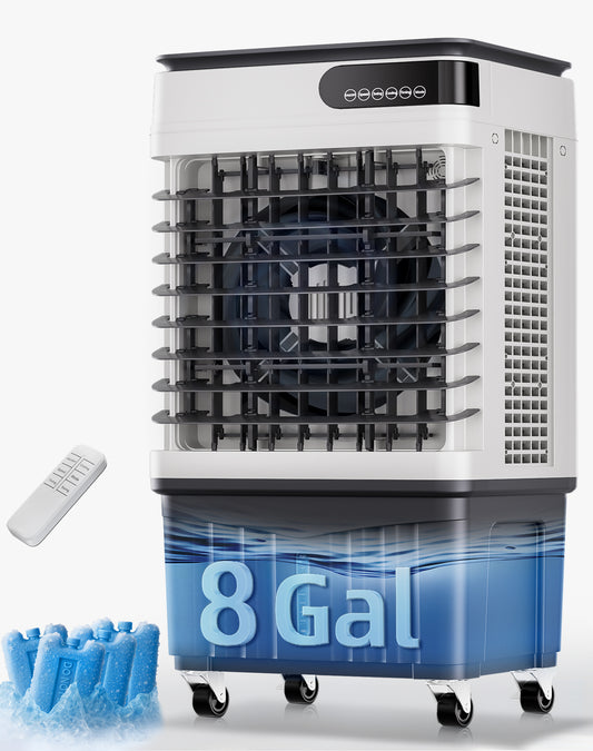 MEPTY 2500CFM Swamp Cooler, Evaporative Air Cooler with 8 Gallon Water Tank, 4 Ice Packs, 3 Speeds&Modes, 12H Timer, 120°Oscillation, Remote, Portable Air Conditioner Fan for Indoor Outdoor Use