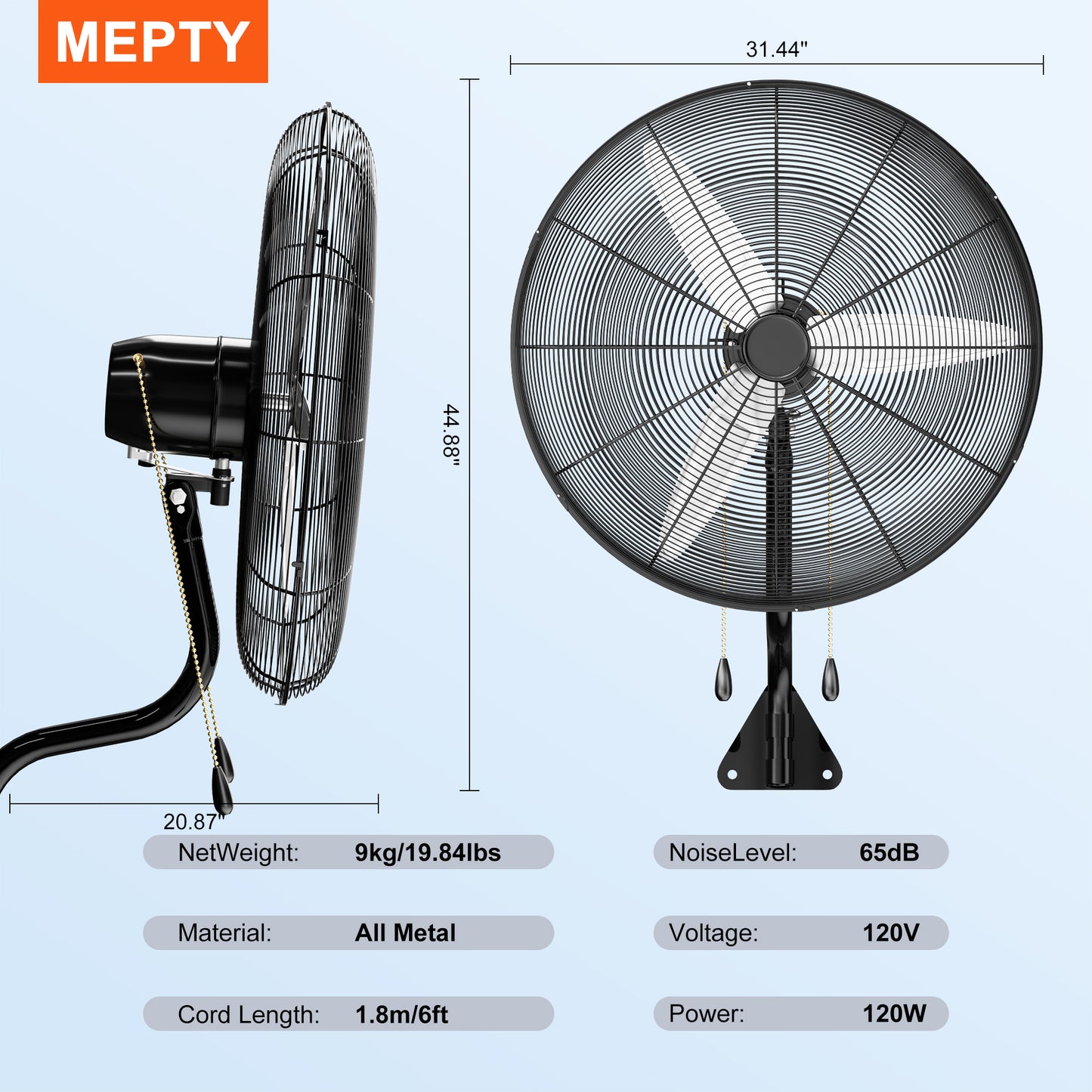 MEPTY 30" Wall Mount Fan, Heavy Duty Industrial Wall Fan, High Velocity Oscillating Fans with 3 Speeds for Patio, Shop, Greenhouse, Garage, Commercial, Household use