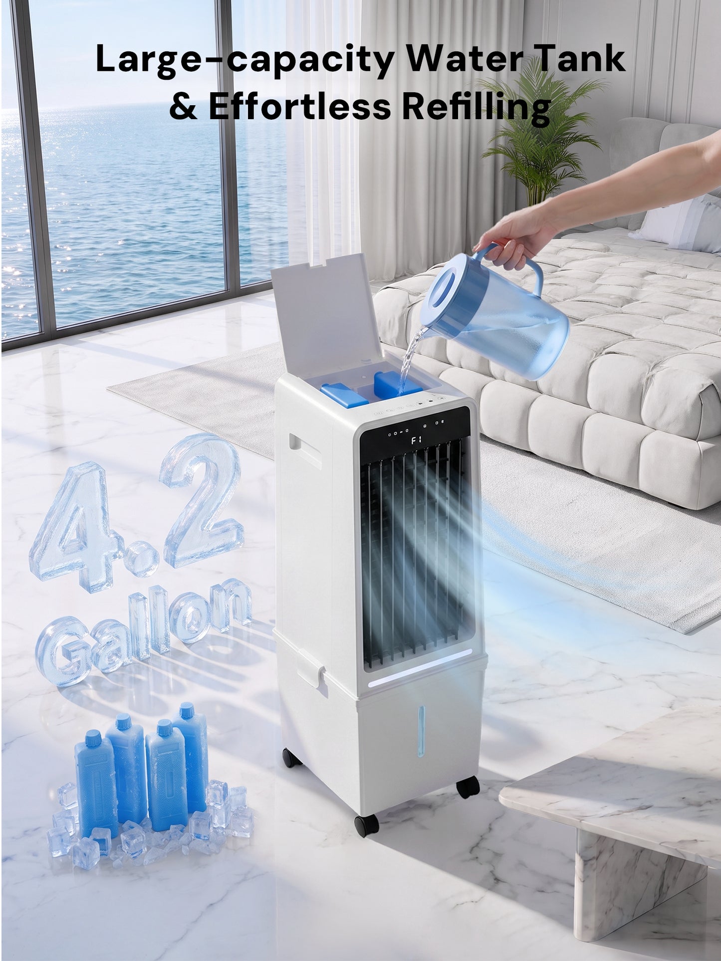 MEPTY 1800CFM Evaporative Air Cooler, Swamp Cooler with 4.2GAL Tank, Ambient Light, 3 Speeds, 4 Modes, 12H Timer, Windowless Portable Air Conditioner for Indoor Room Bedroom
