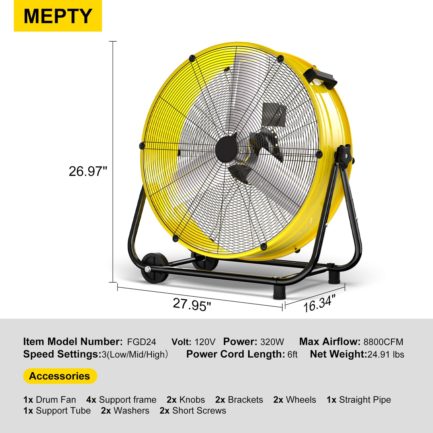 MEPTY 24-Inch Industrial Drum Fan, 8800 CFM High Velocity Floor Fan, 3-Speed Heavy Duty Metal Air Circulator for Shop, Warehouse, Workshop, Garage, Factory,320W