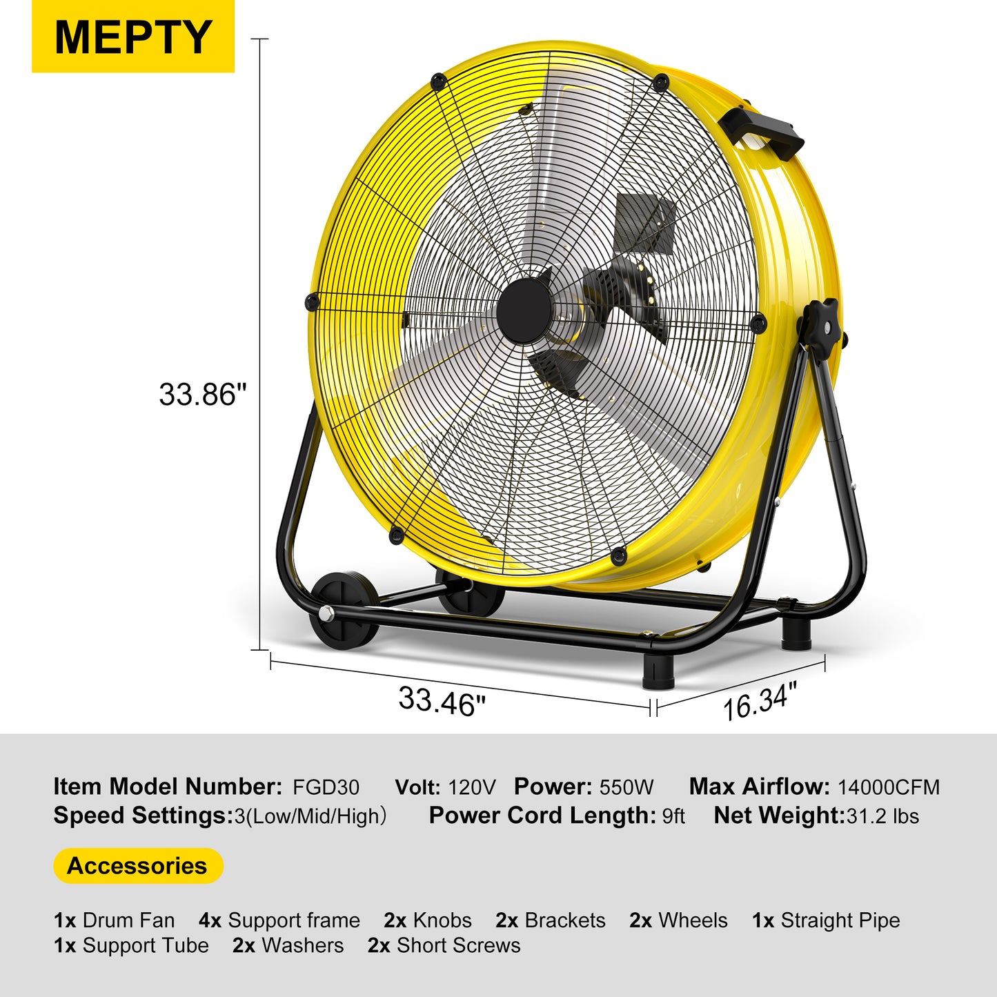 MEPTY 30-Inch Industrial Drum Fan, 14000 CFM High Velocity Floor Fan 550W, 3-Speed Heavy Duty Metal Air Circulator for Shop, Warehouse, Workshop, Garage, Factory
