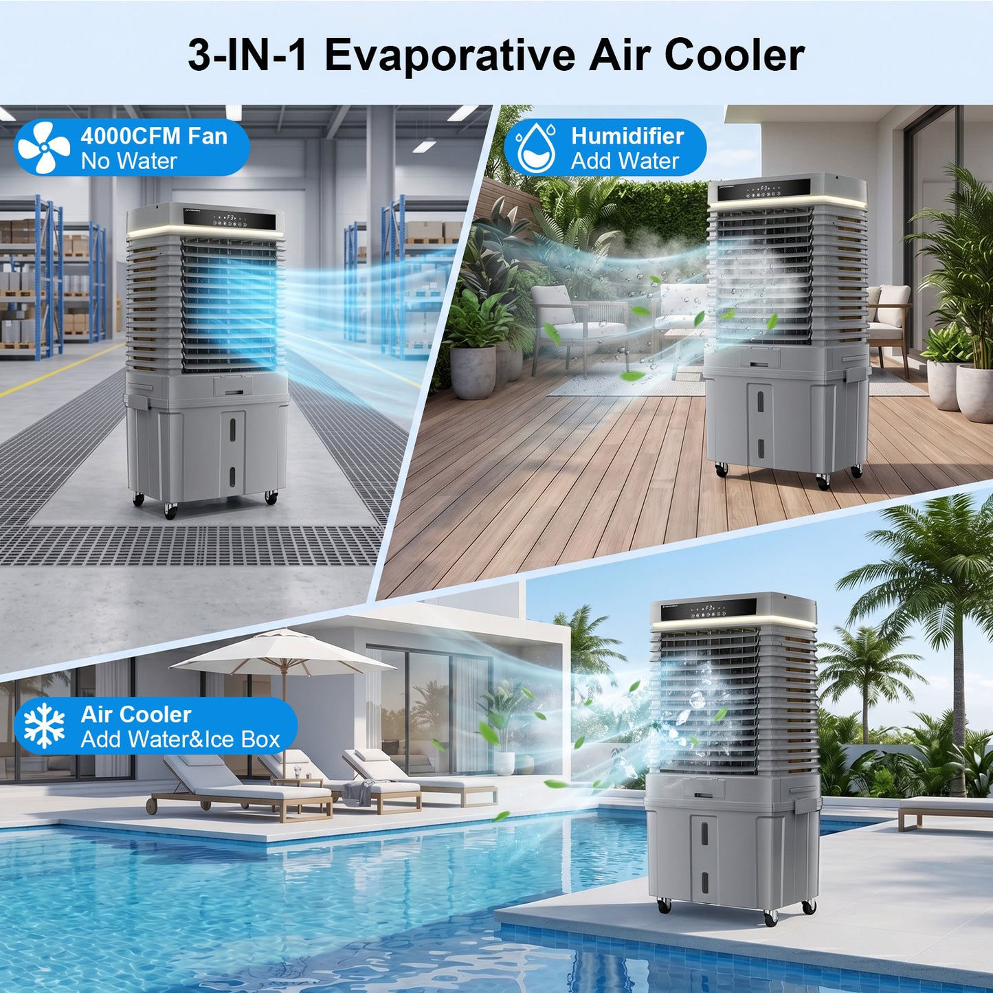 MEPTY 4000CFM Swamp Cooler,Evaporative Air Cooler with 13.5 Gal Detachable Water Tank,3 Speeds & LED Ambient Light,Windowless Portable Air Conditioner,Cooling Fan for Garage Yard Outdoor Patio