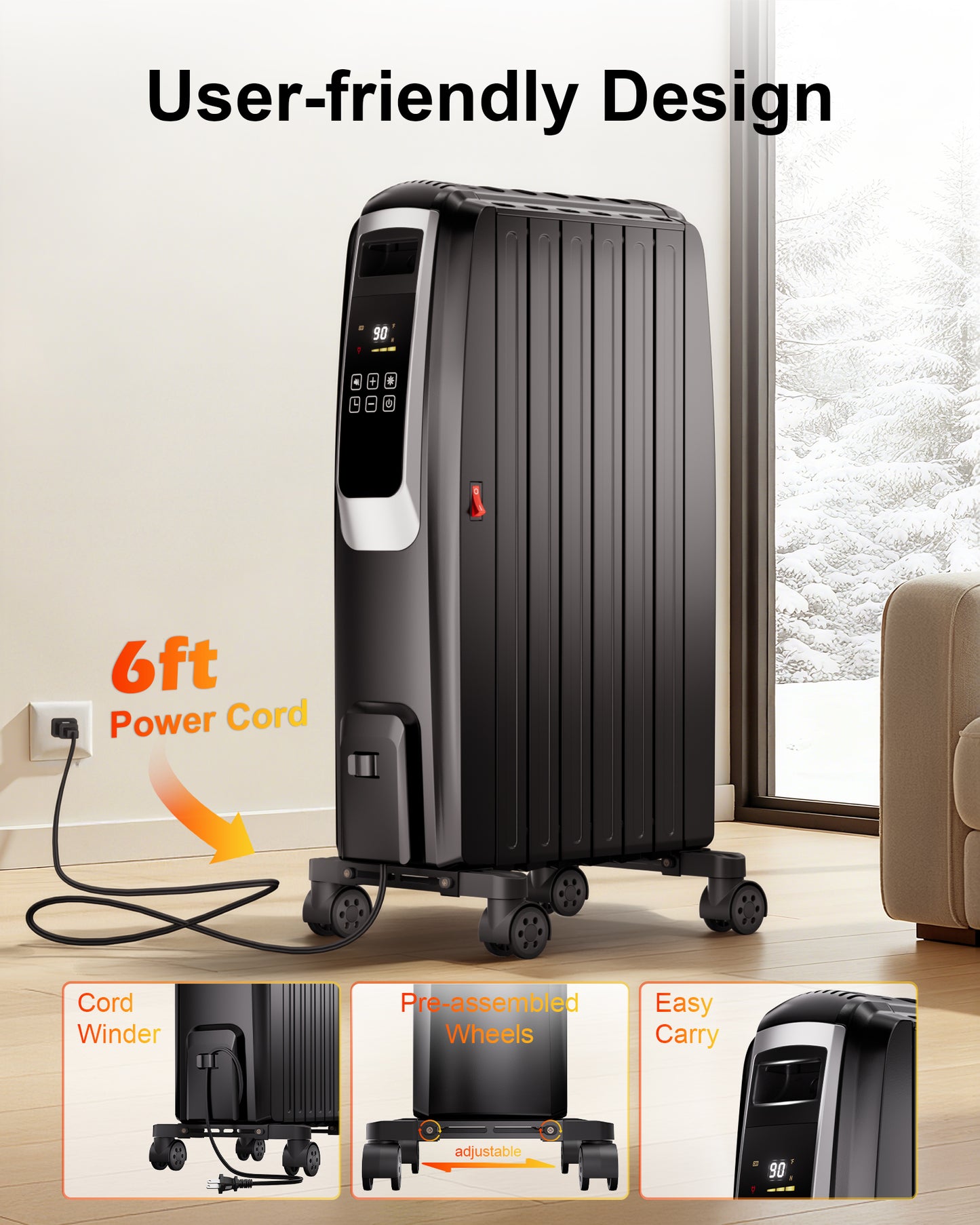 MEPTY Oil Filled Radiator Heater,1500W Electric Space Heaters for Indoor Use Large Room with Overheat&Tip-Over Protection