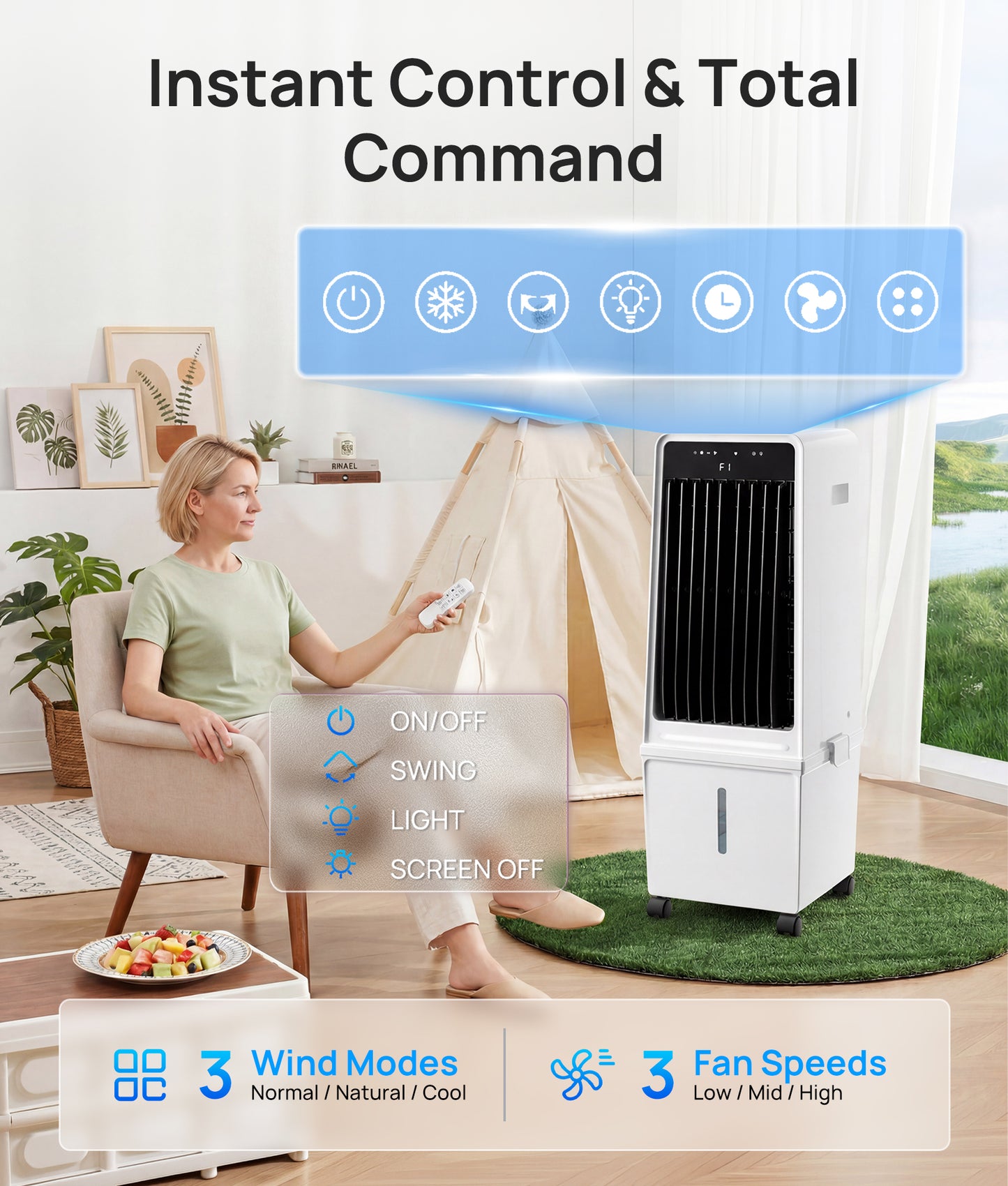MEPTY Windowless Portable Air Conditioner,Swamp Cooler with 4 Gal Detachable Tank,3-In-1 Evaporative Air Cooler,AC Fan,LED Ambient Light,12H Timer,Air Cooler for Bedroom Living Room Office