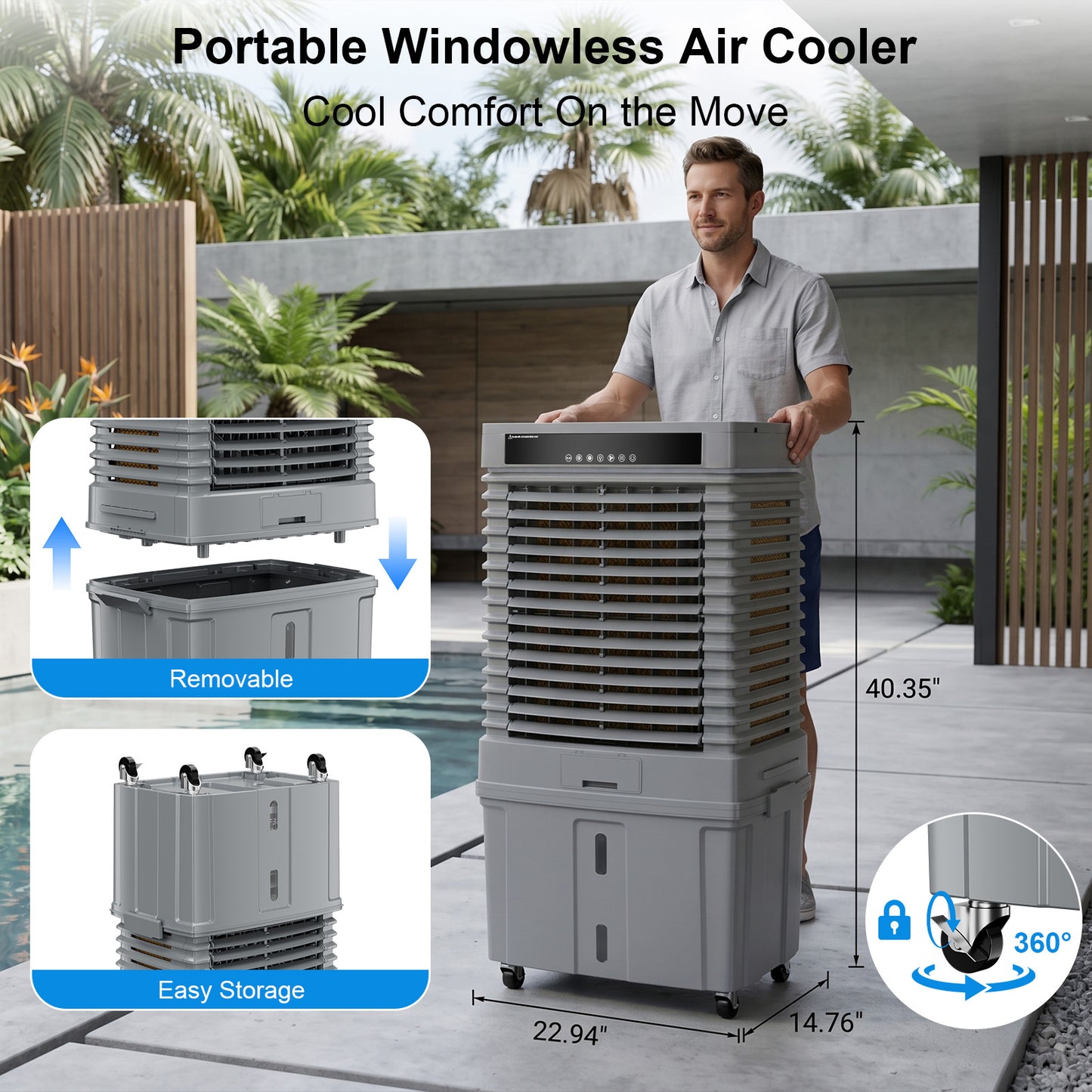 MEPTY 4000CFM Swamp Cooler,Evaporative Air Cooler with 13.5 Gal Detachable Water Tank,3 Speeds & LED Ambient Light,Windowless Portable Air Conditioner,Cooling Fan for Garage Yard Outdoor Patio